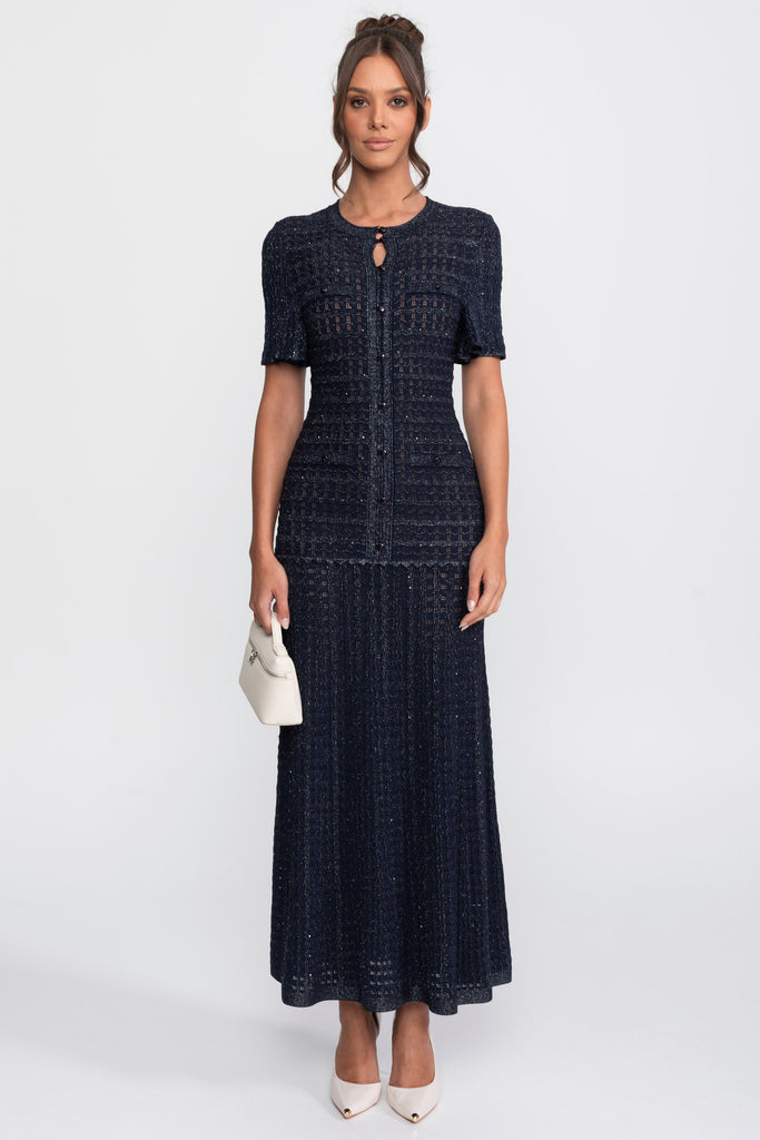 Short Sleeve Midi Dress With Shimmer Knit Texture - Navy