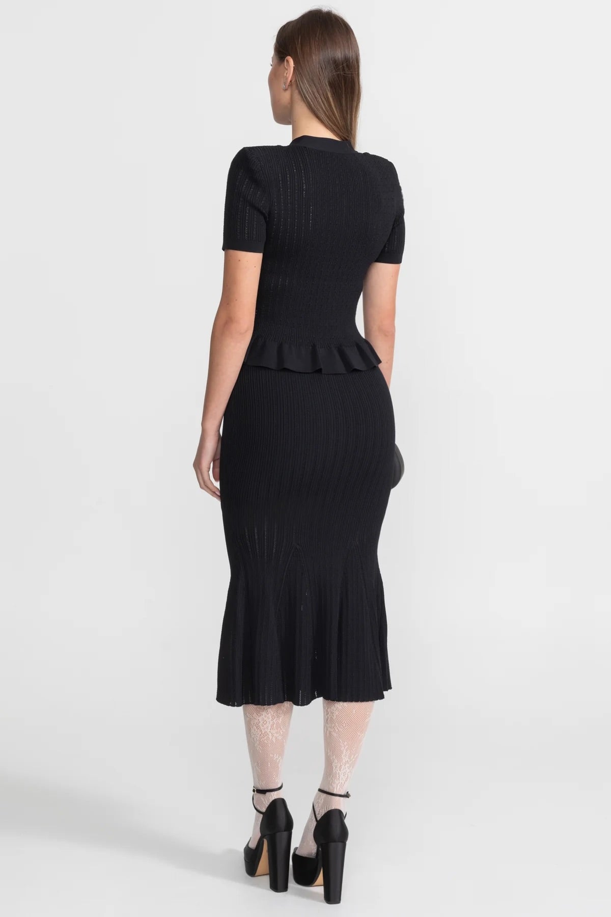 Knit Midi Co-Ord with Peplum Waist and Gold Buttons  – Black