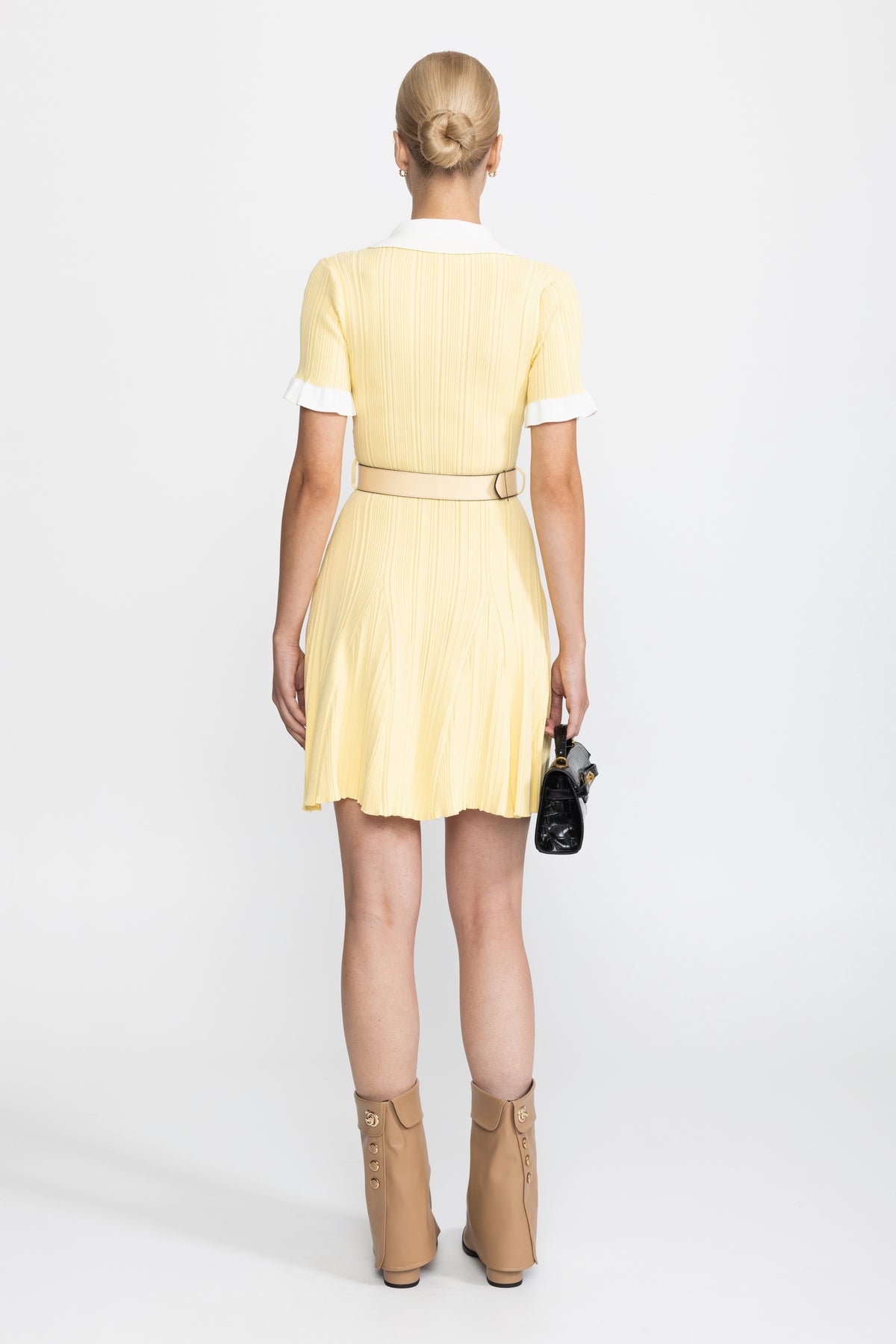 Ribbed Knit Contrast Collar Belted Mini Dress - Yellow