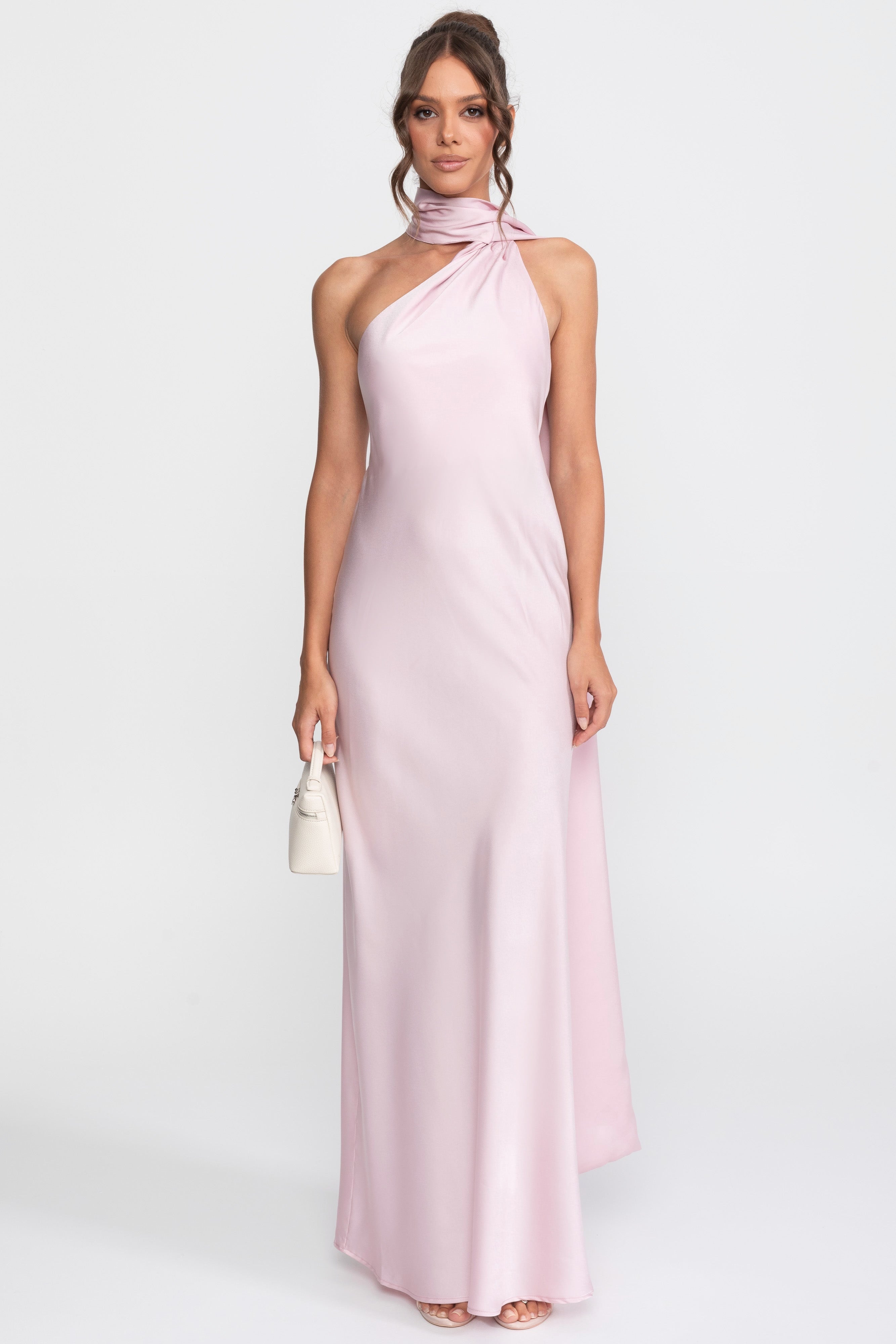 Twist Halter Satin Slip Dress With Asymmetric Neckline - Pink
