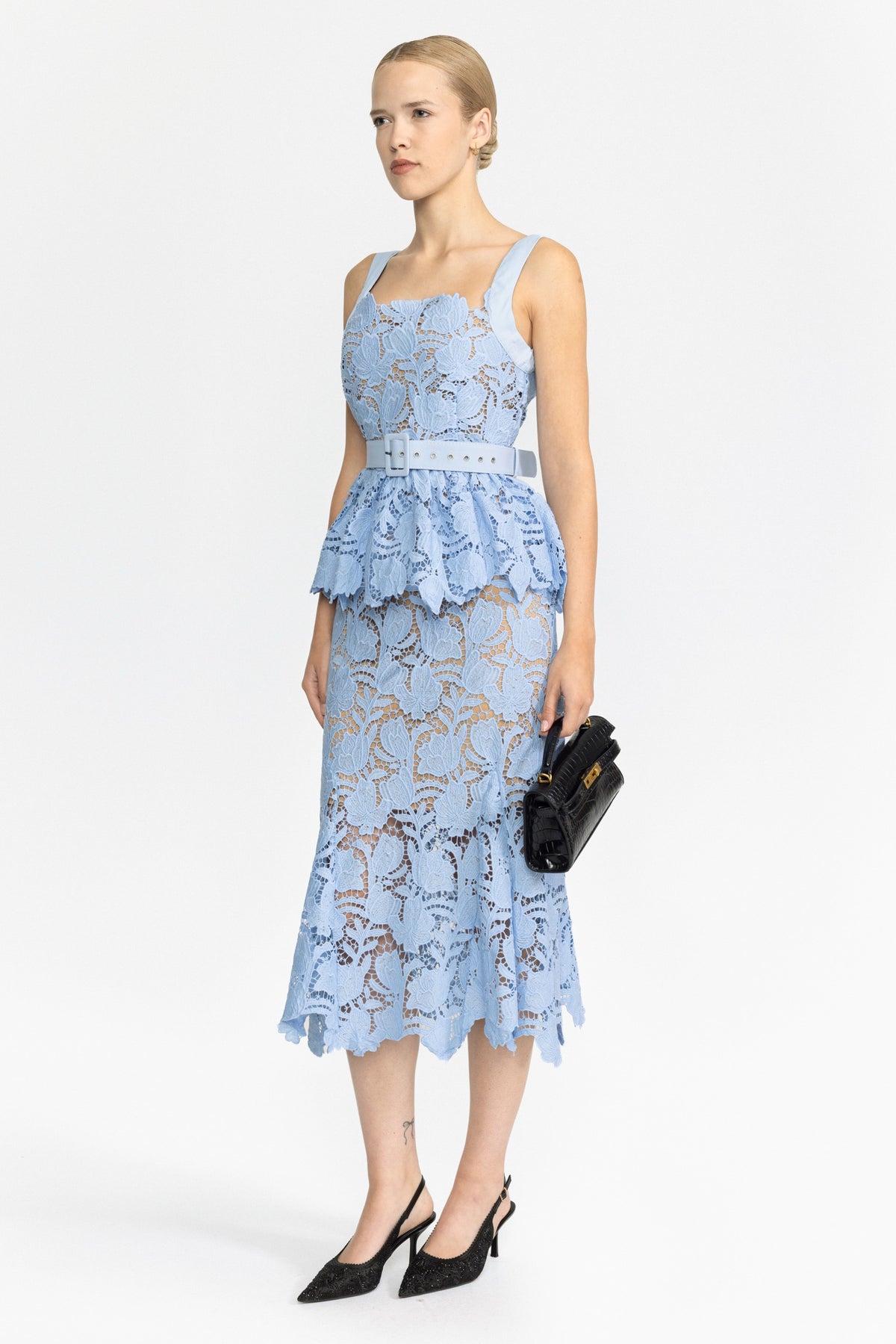 Guipure Lace Peplum Midi Dress - Light Blue