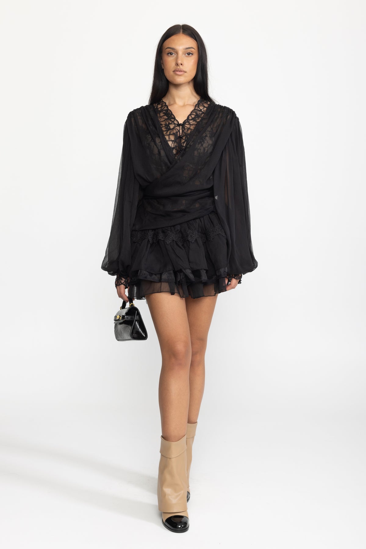 Lace Inset Chiffon Wrap Blouse and Ruffle Mini Skirt Co-ord Set - Black