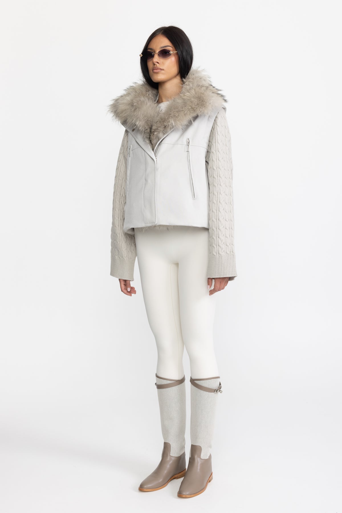 Cable Knit Sleeve Cropped Down Jacket with Raccoon Fur Collar - Light Grey