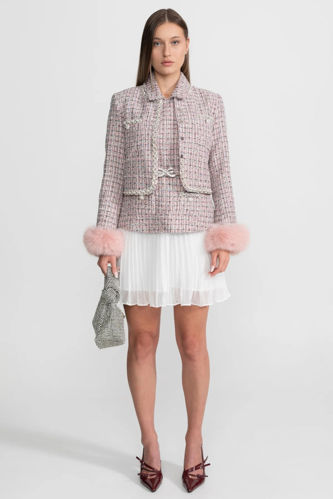 Tweed Cropped Jacket with Faux Fur Cuffs - Pink