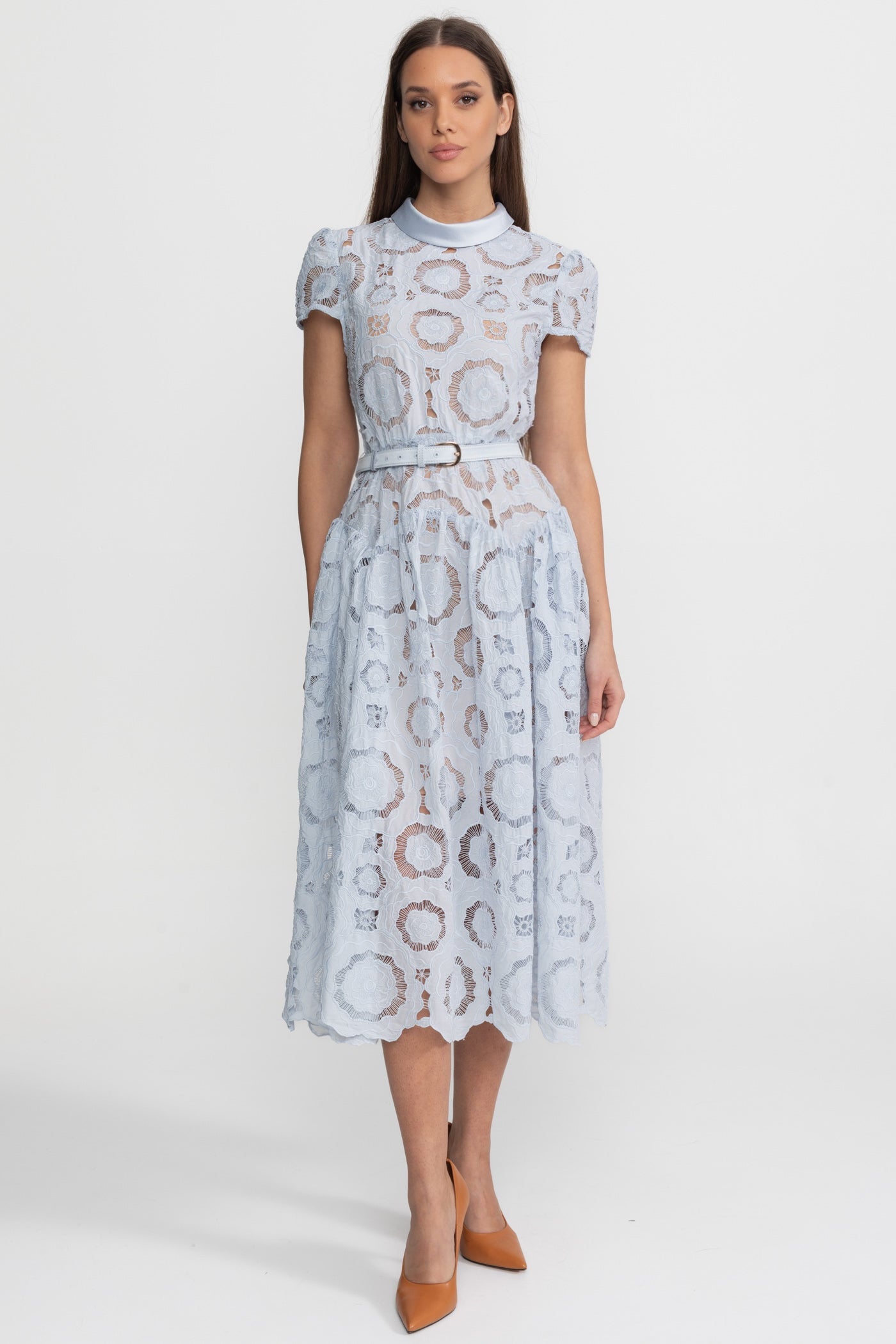 Floral Lace Midi Dress with Belted Waist – Light Blue