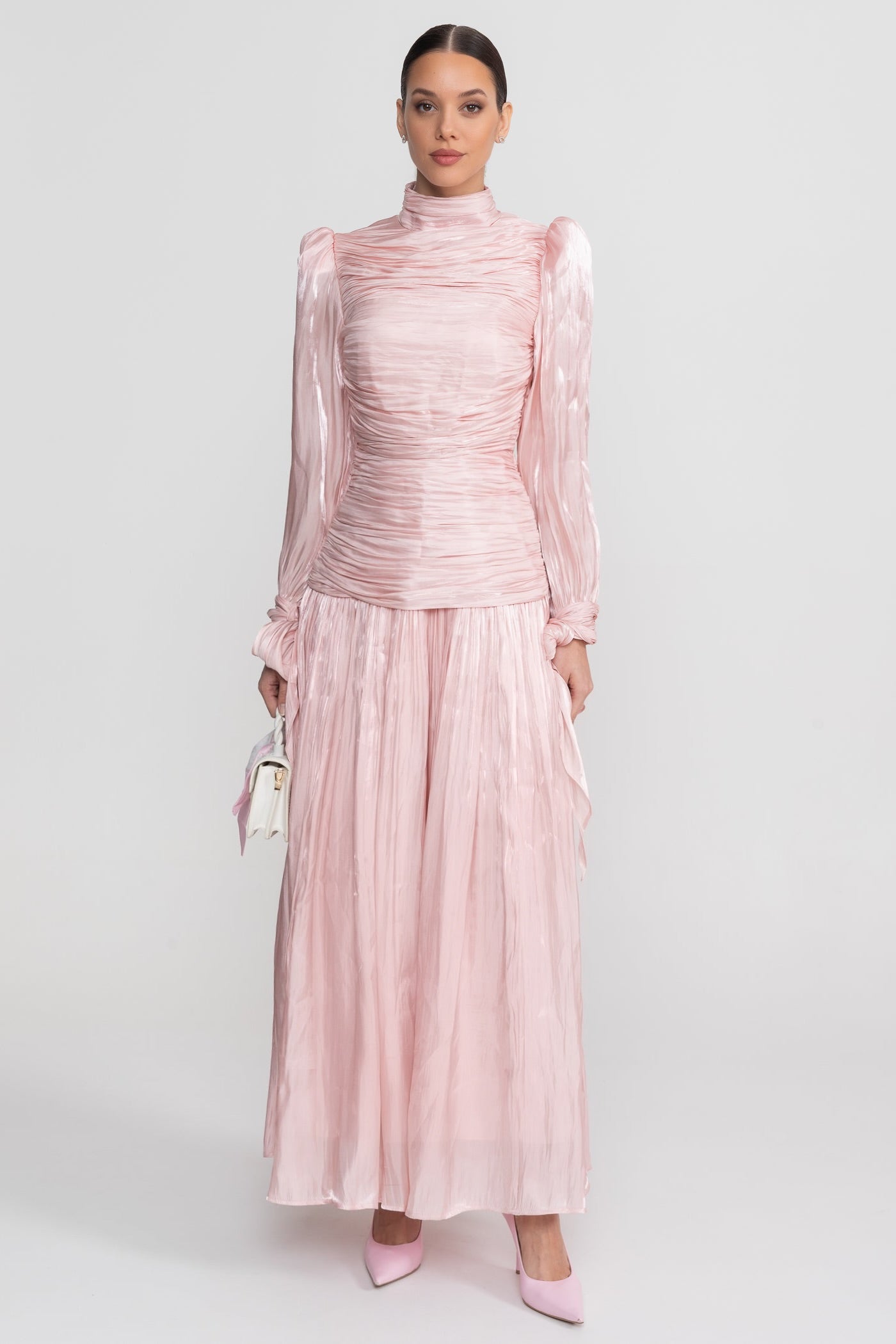 Ruched Long Sleeve Maxi Dress With Pleated Skirt - Blush Pink
