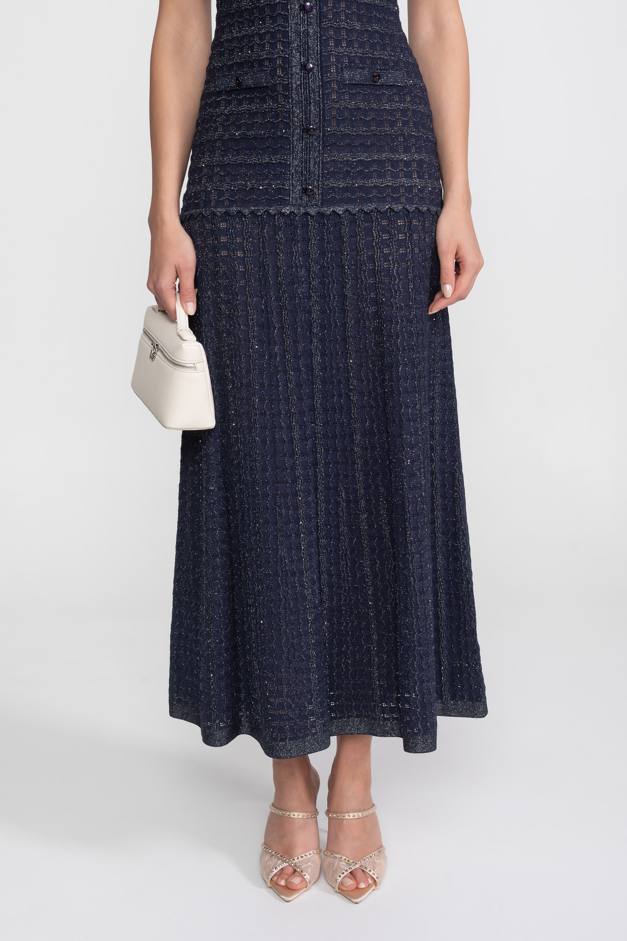 Short Sleeve Midi Dress With Shimmer Knit Texture - Navy