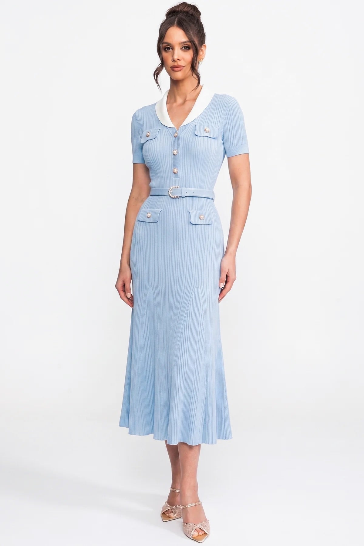 Ribbed Knit Midi Dress With White Collar And Pearl Belt - Light Blue