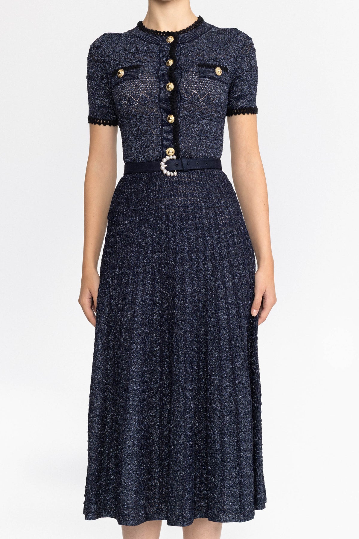 Metallic Pointelle Knit Belted Midi Dress - Navy