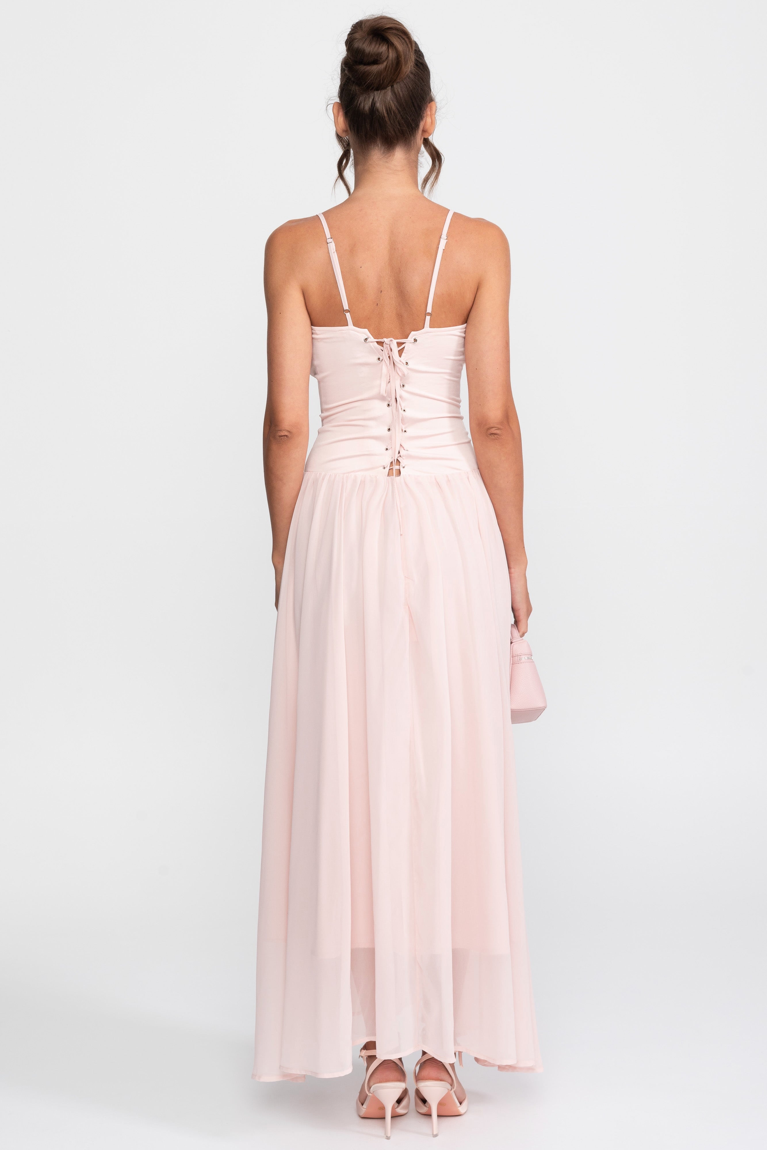 Corset Bodice Chiffon Gown With Dropped Waist - Pink