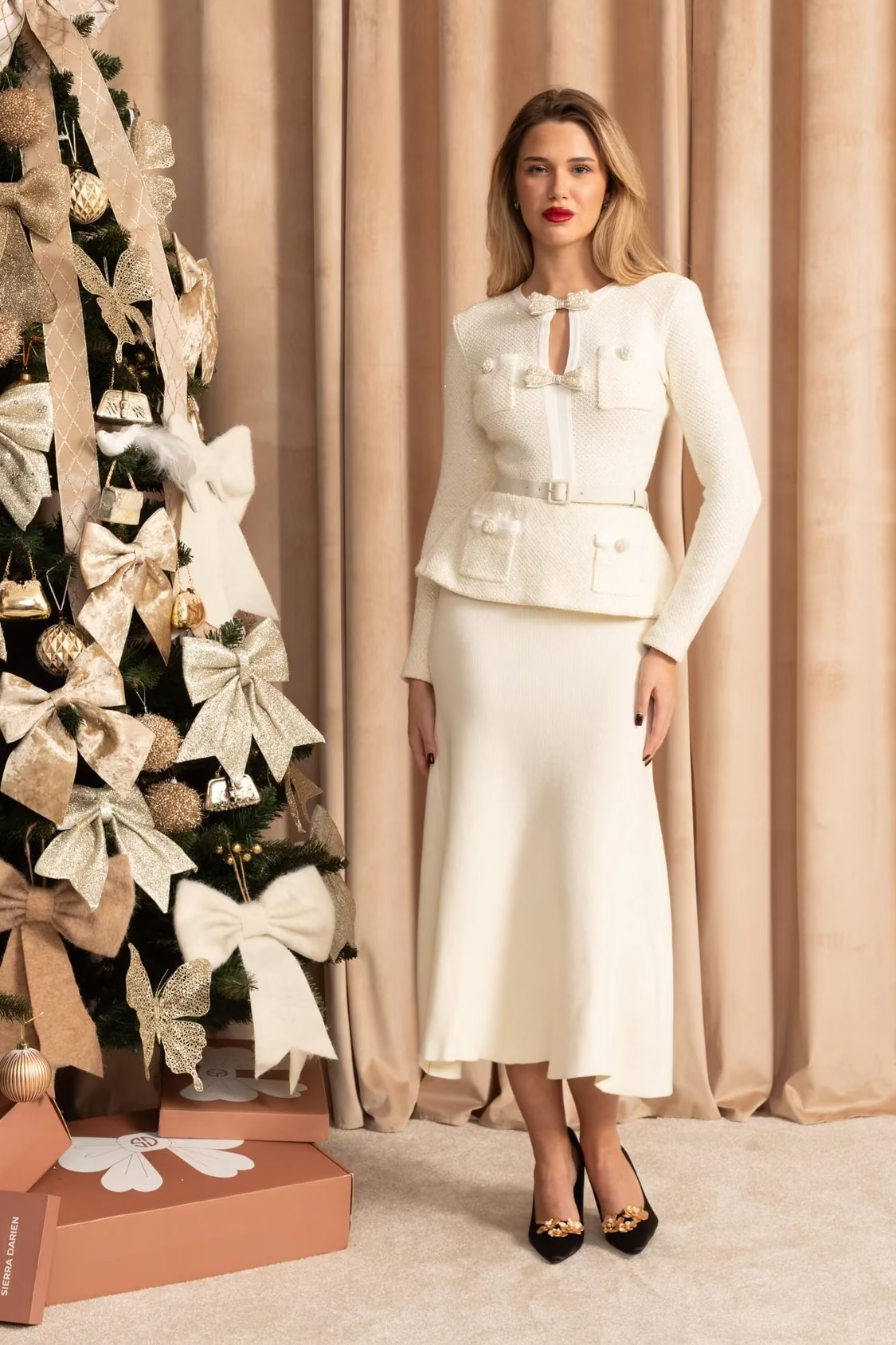 Tweed Peplum Knit Midi Dress – Ivoire