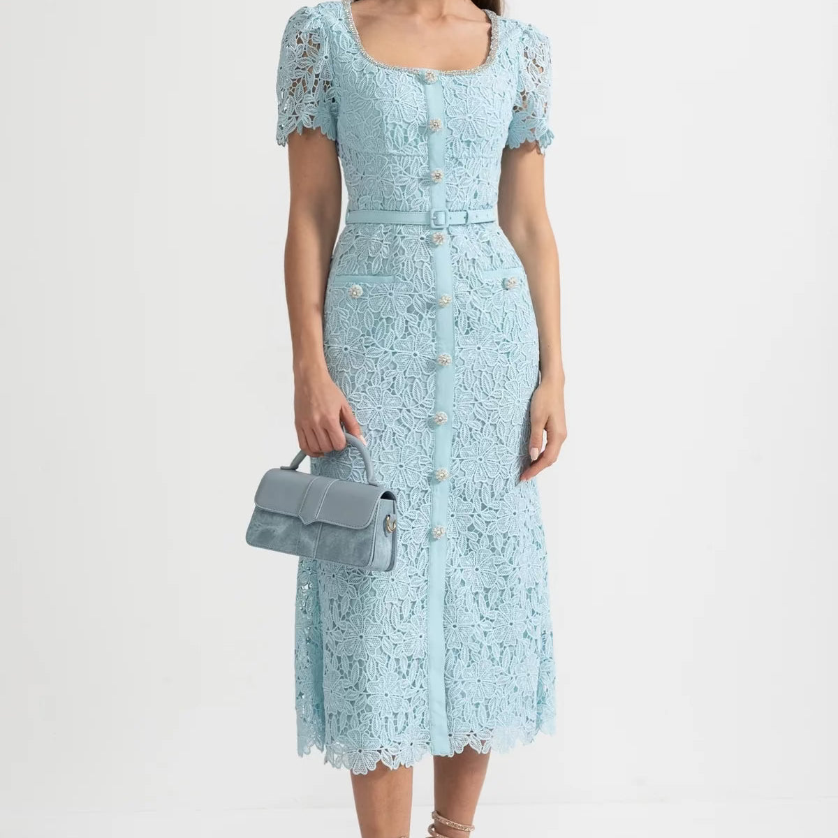 Delicate Azure Lace Midi Dress - Baby Blue, XS Delicate Azure Lace Midi Dress - Baby Blue, XS