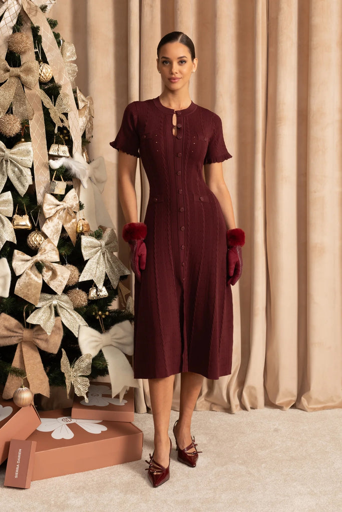 Knit Button-Front Midi Dress with Scalloped Sleeves – Burgundy