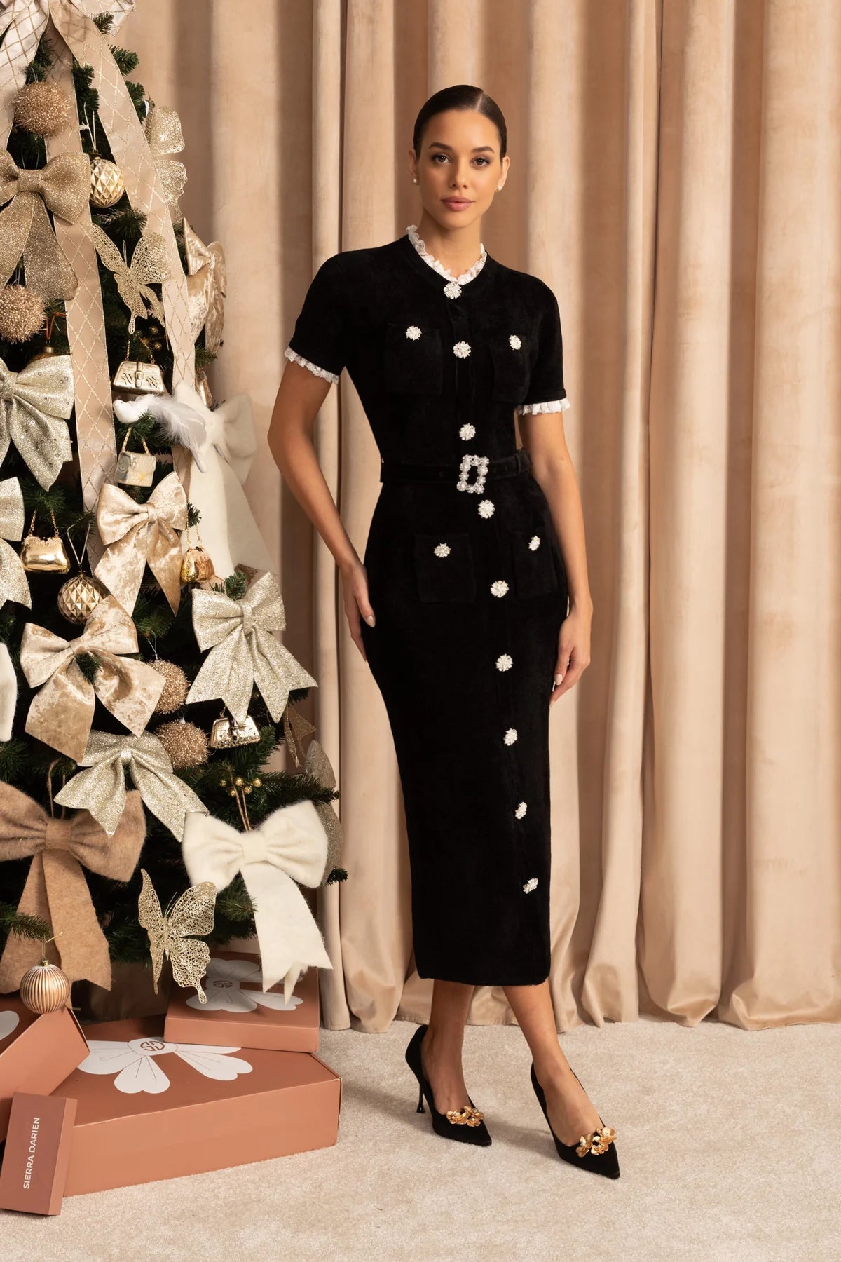 Elegant Midi Dress With Crystal Buttons and Lace Trim – Black