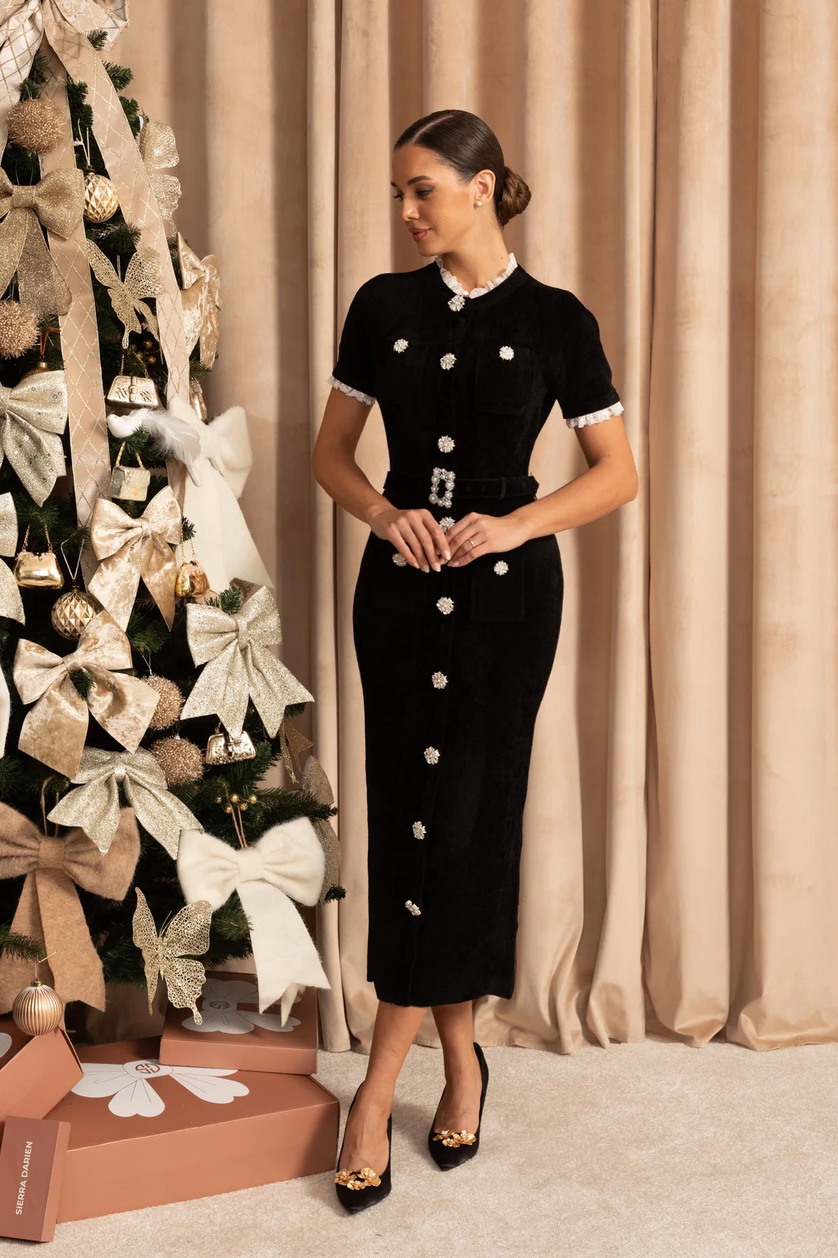 Elegant Midi Dress With Crystal Buttons and Lace Trim – Black