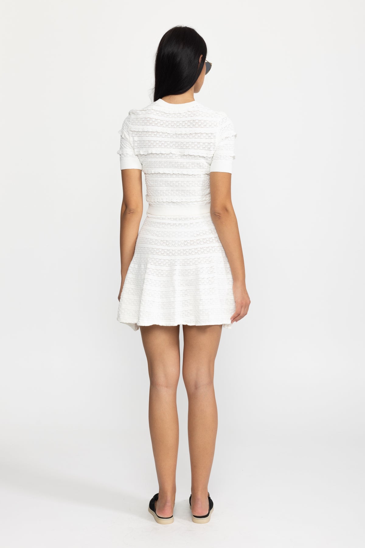 Scalloped Pointelle Knit Top and Skater Skirt Co-ord Set - White