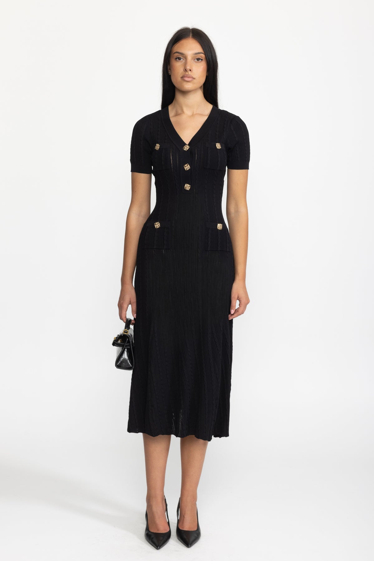 Cable Knit Jewel-Button Midi Dress - Black