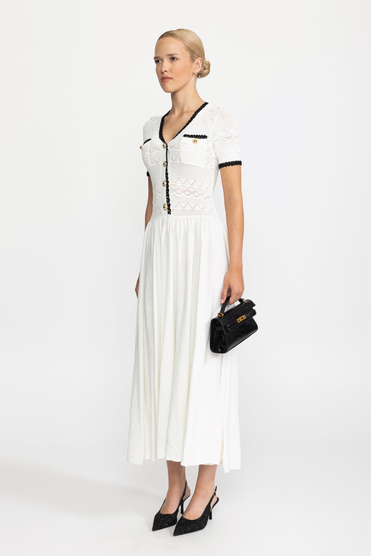 Pointelle Knit Bodice Belted Maxi Dress - White