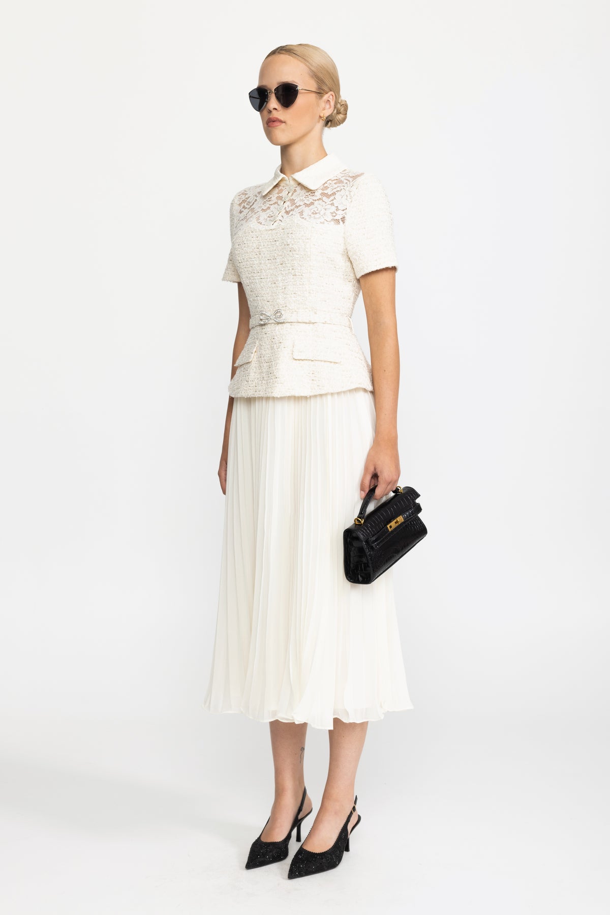 Lace Yoke Tweed Peplum Dress with Pleated Skirt - Ivoire