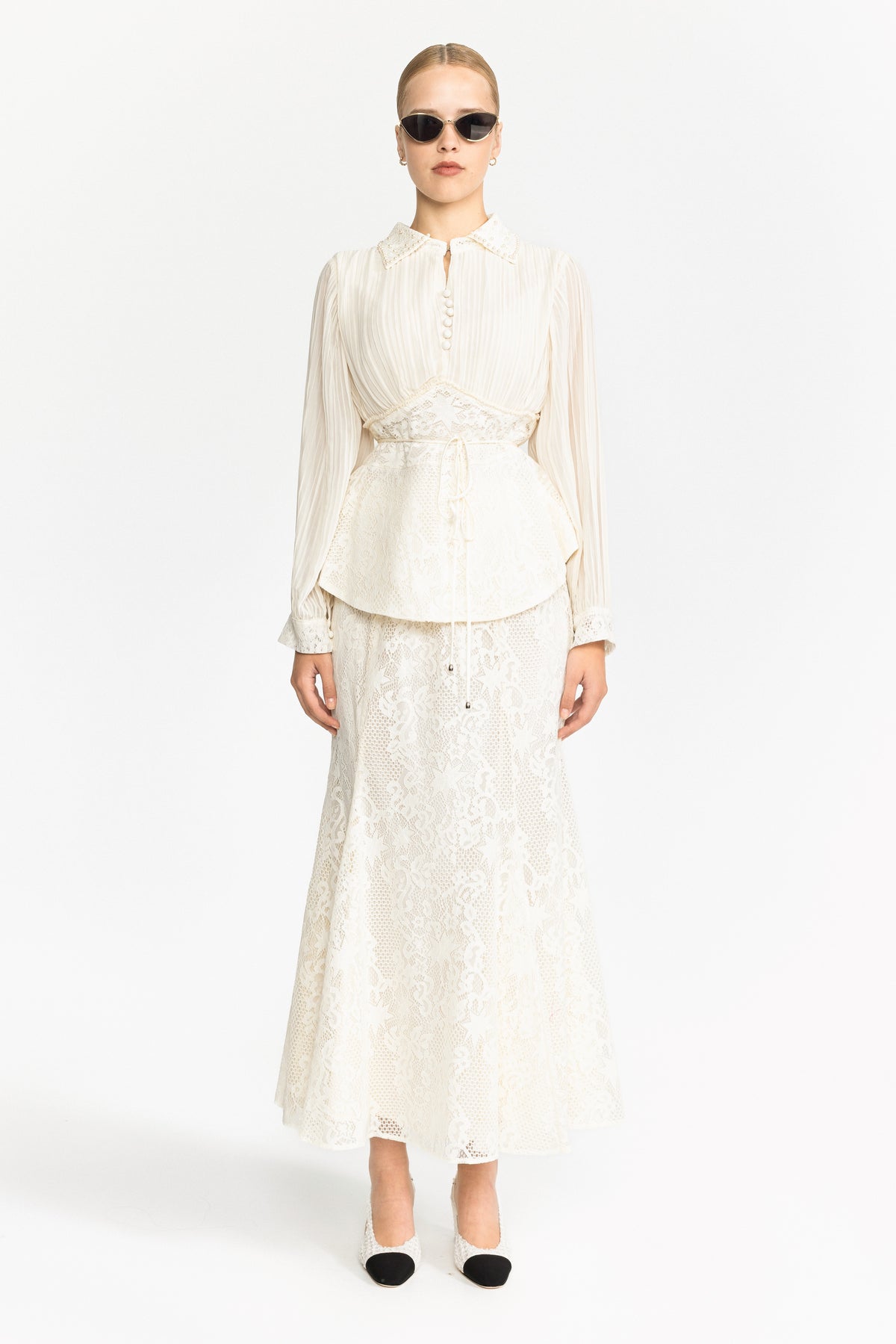 Pleated Chiffon Lace Peplum Blouse and Maxi Skirt Set - Ivoire