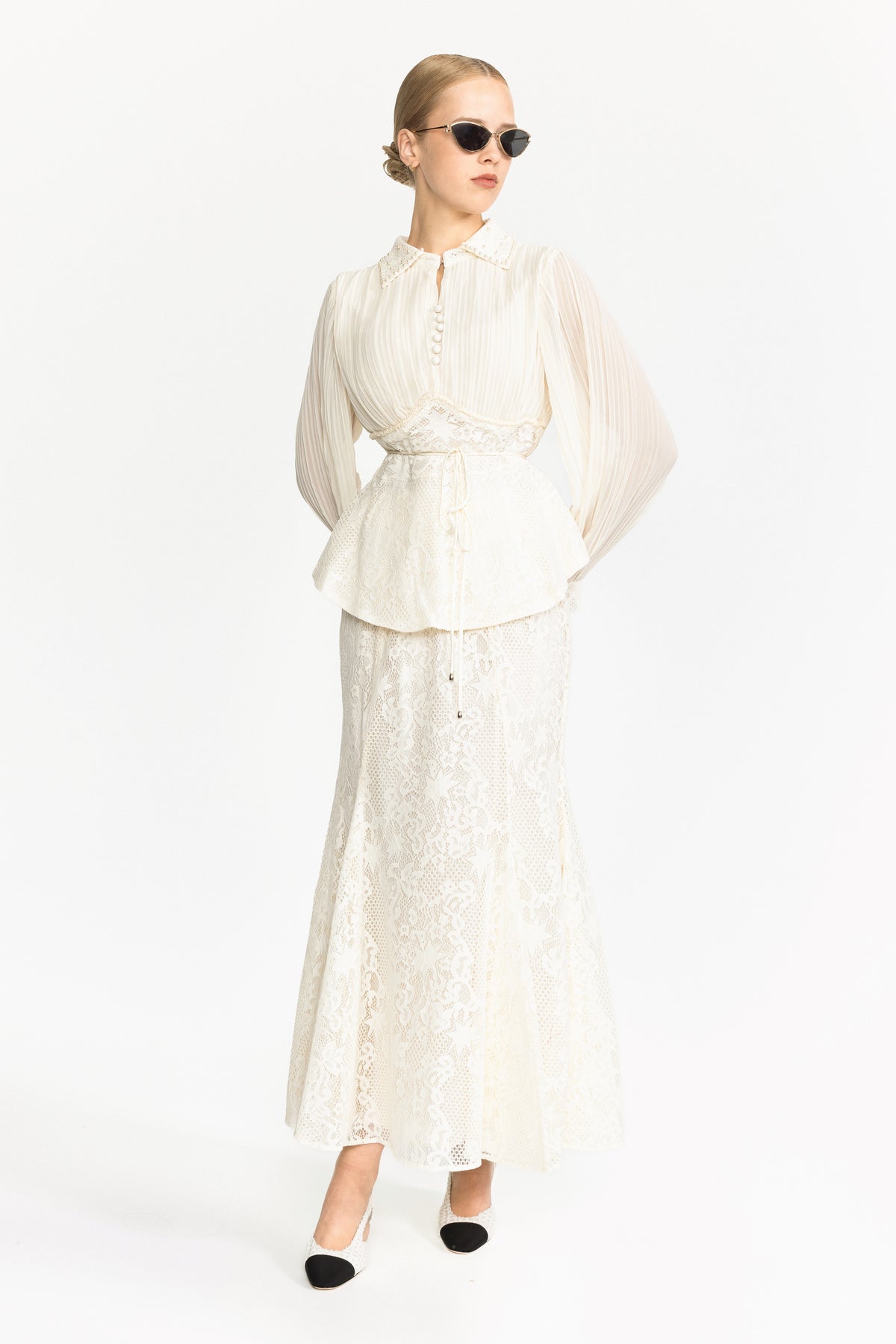 Pleated Chiffon Lace Peplum Blouse and Maxi Skirt Set - Ivoire