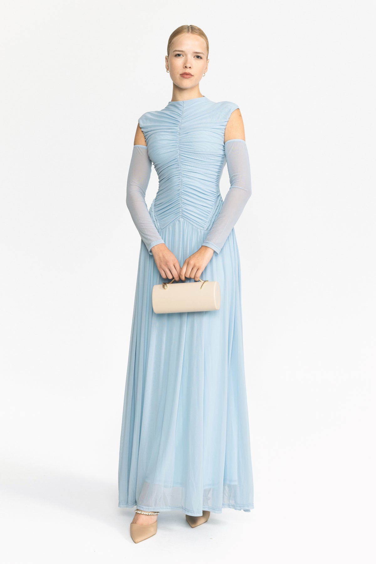 Ruched Mesh Drop Waist Maxi Dress - Sky Blue