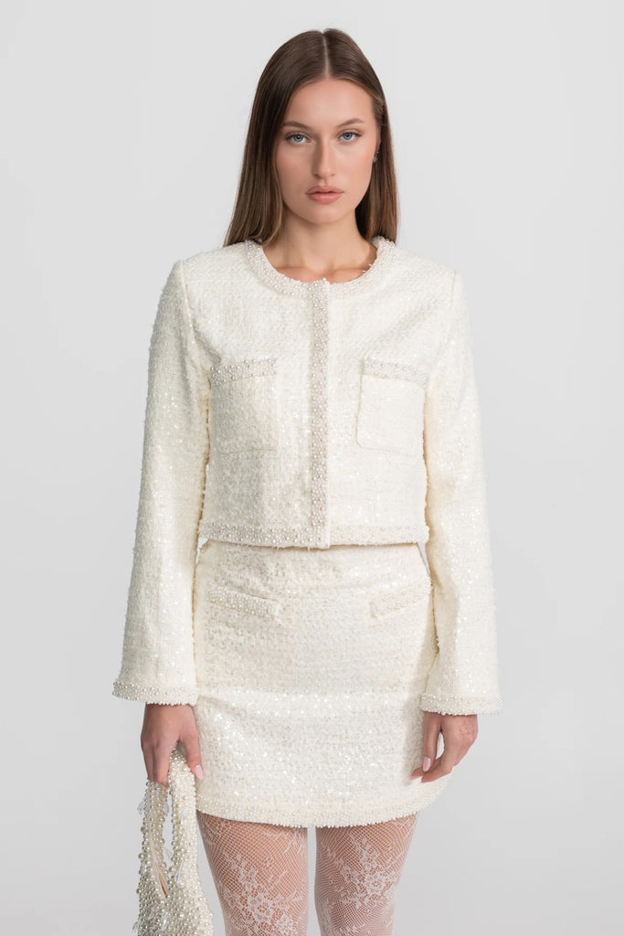 Tweed Mini Skirt With Beaded Trim And Hemline - Ivoire