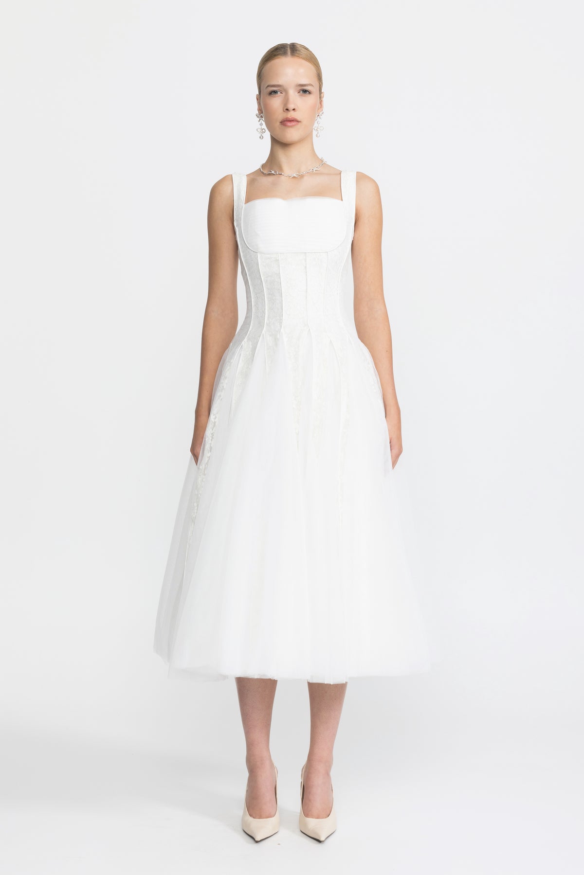 Lace Panel Corset Tulle Midi Dress - White