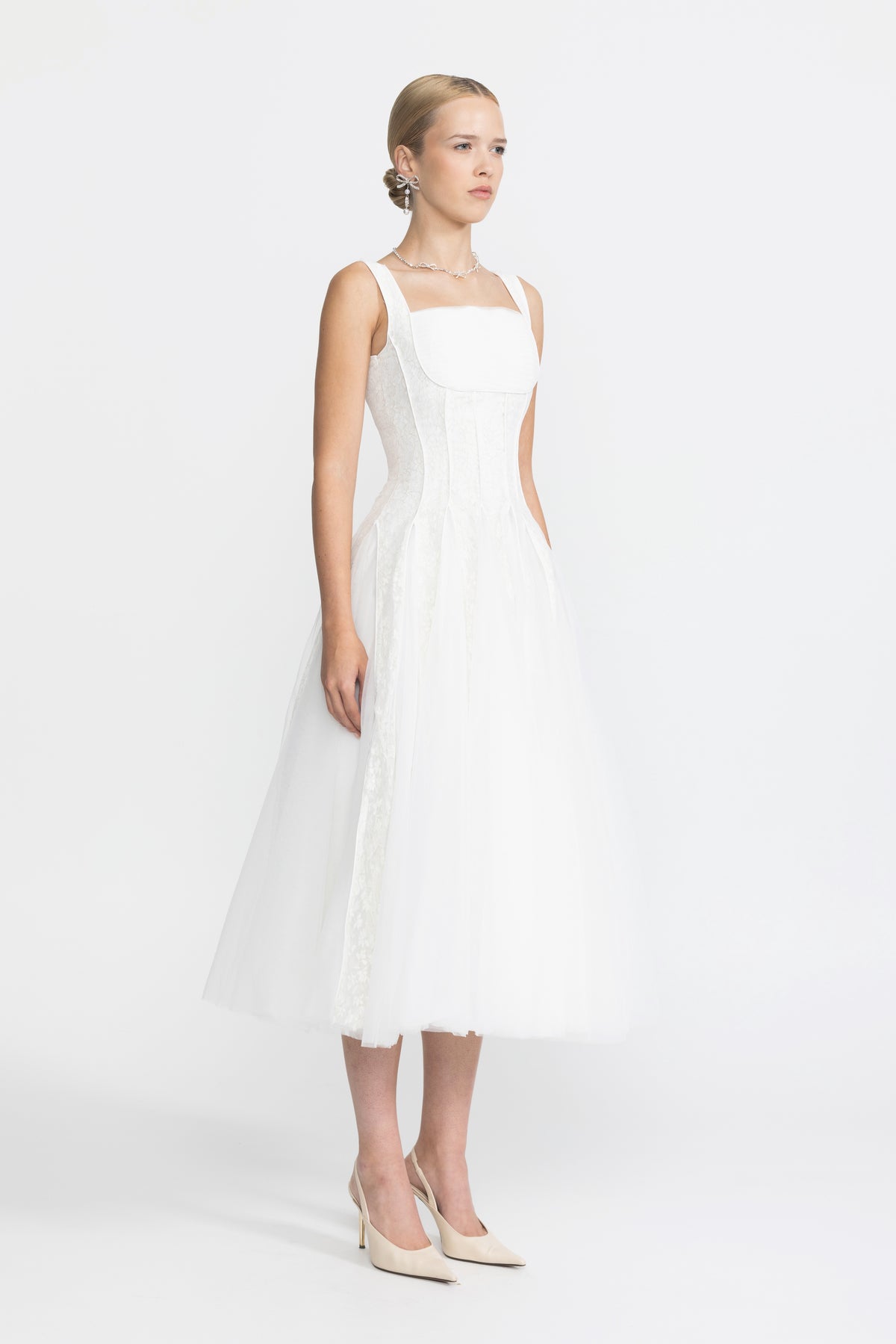 Lace Panel Corset Tulle Midi Dress - White