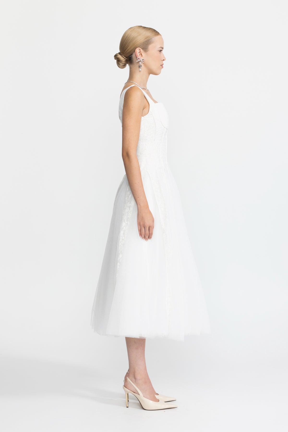 Lace Panel Corset Tulle Midi Dress - White