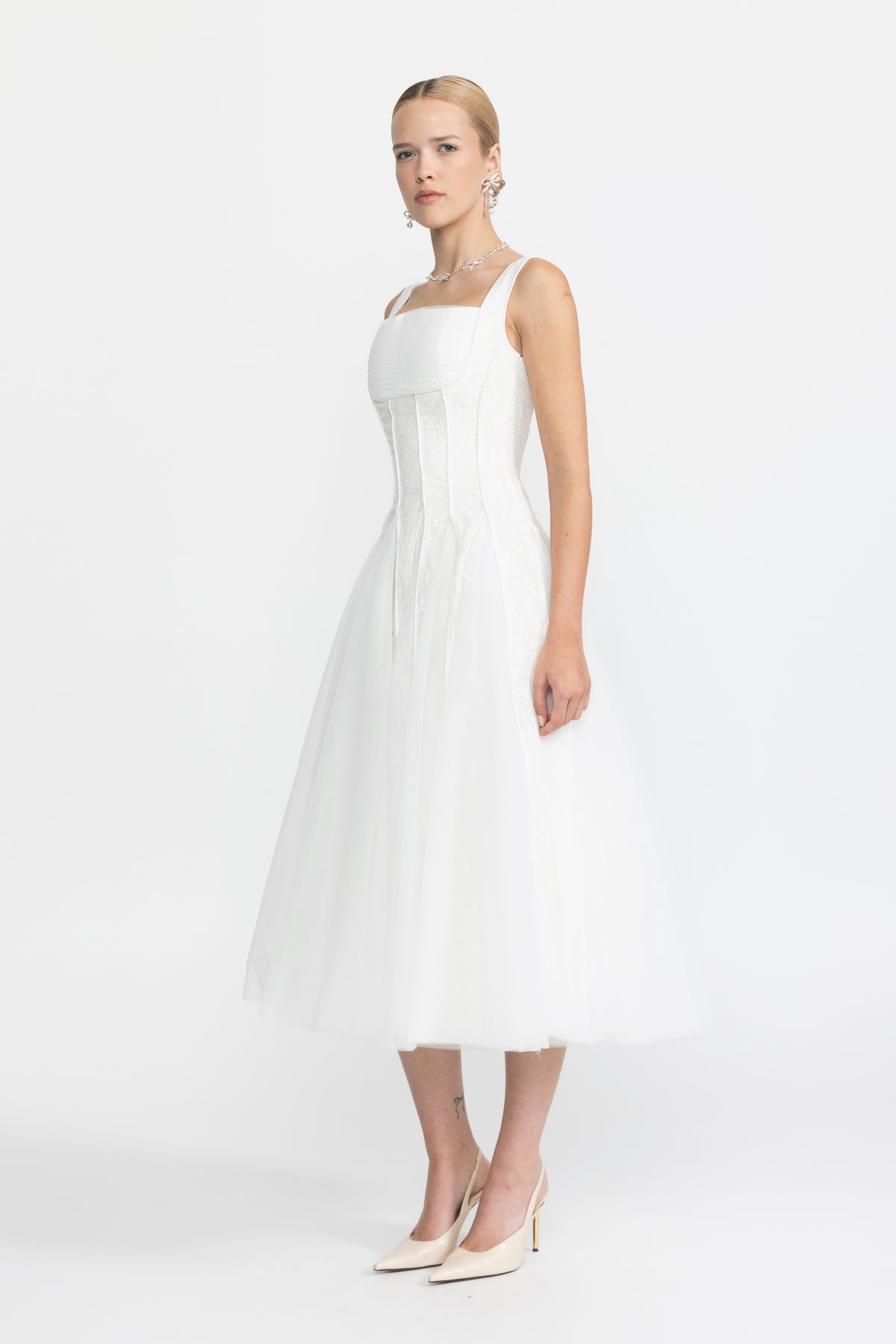 Lace Panel Corset Tulle Midi Dress - White