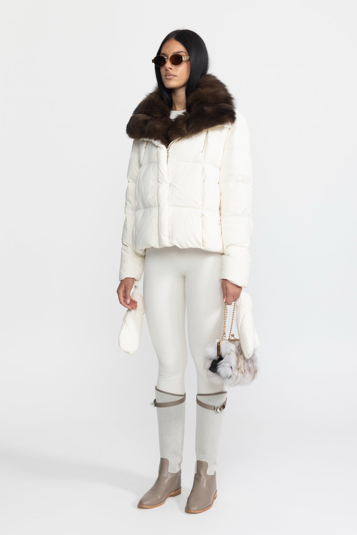 Fox Fur Collar Cropped Down Puffer Jacket - Ivoire