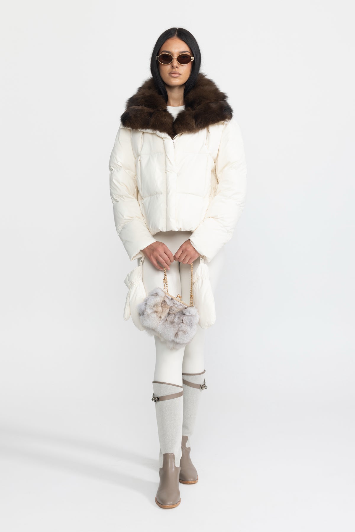 Fox Fur Collar Cropped Down Puffer Jacket - Ivoire