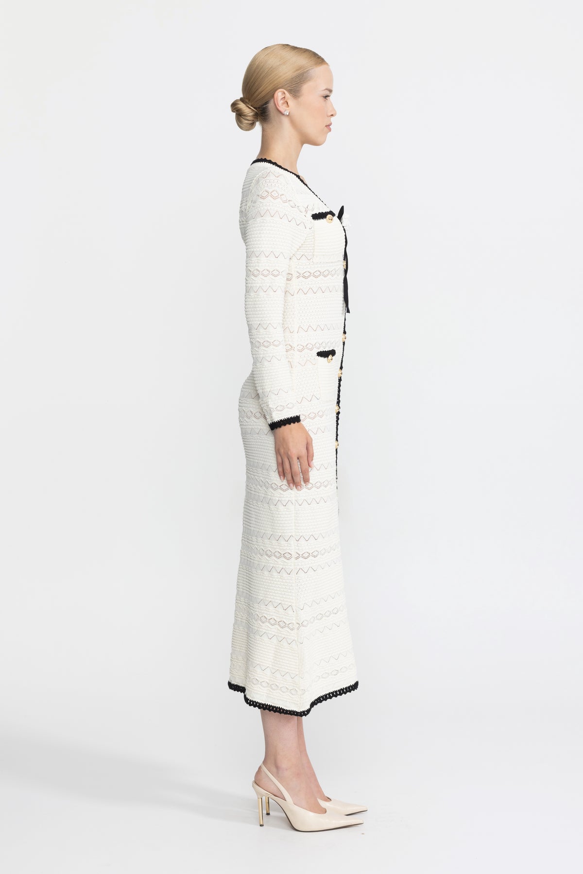 Crochet Trim Knit Button Midi Dress with Flower Brooch - Ivoire