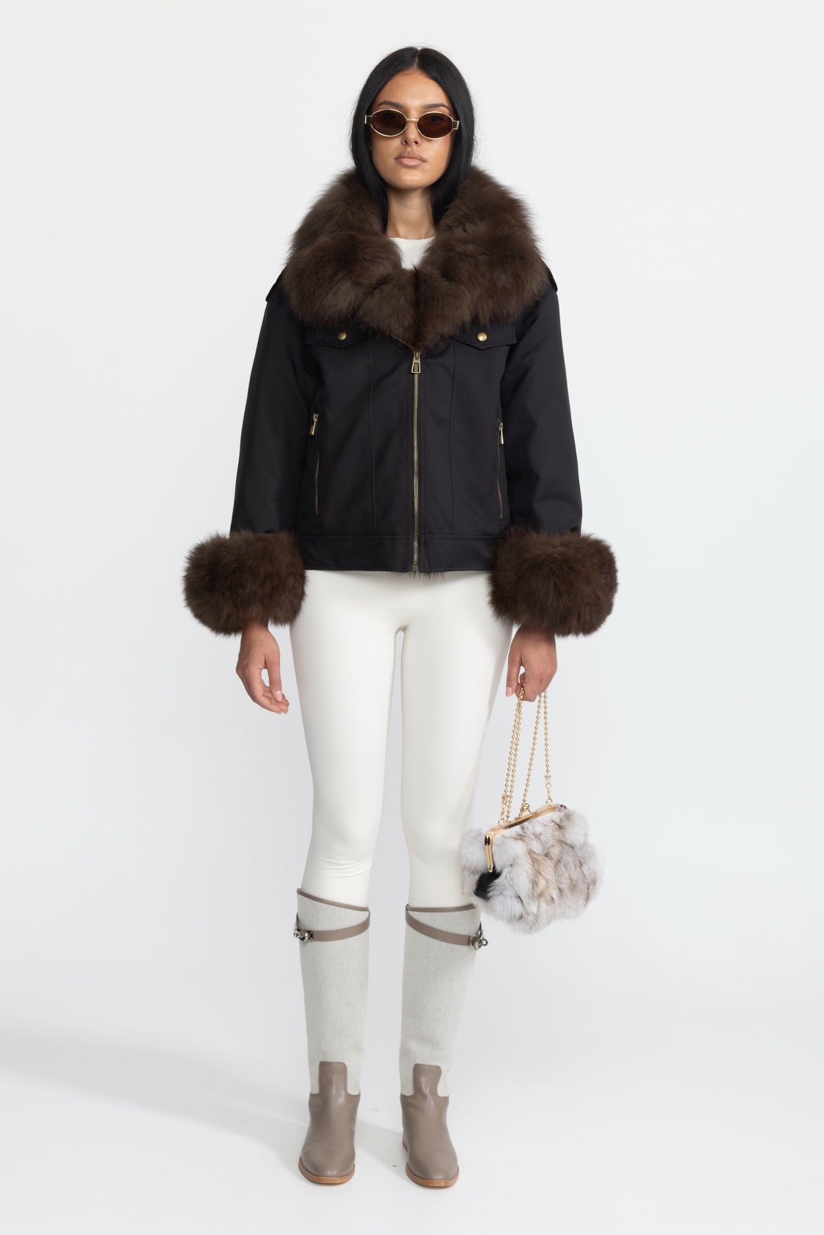 Fox Fur Collar and Cuff Down Utility Jacket - Black