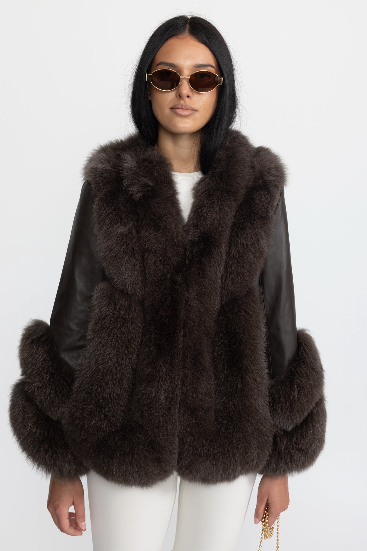 Fox Fur Panel Shearling Jacket - Chocolate