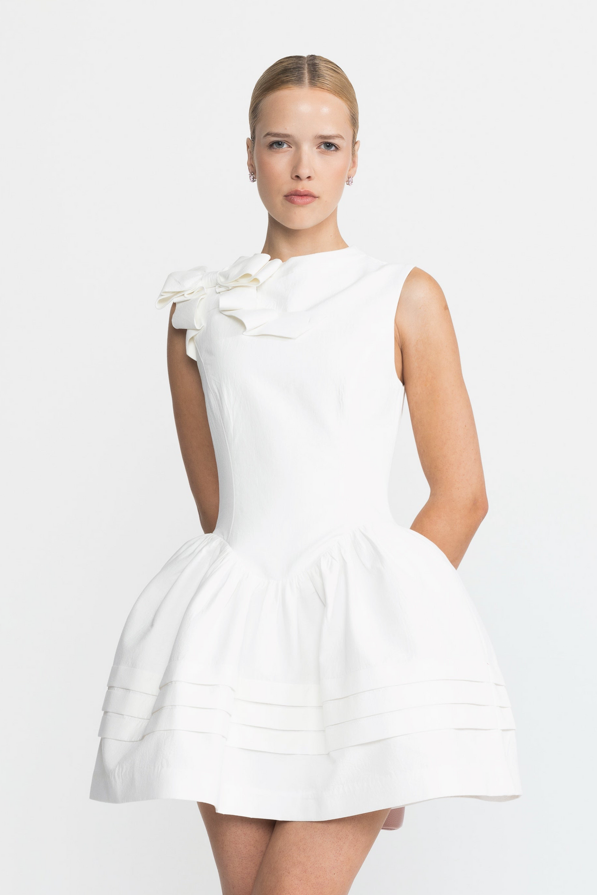 Sculpted Bow Drop Waist Cotton Mini Dress - White