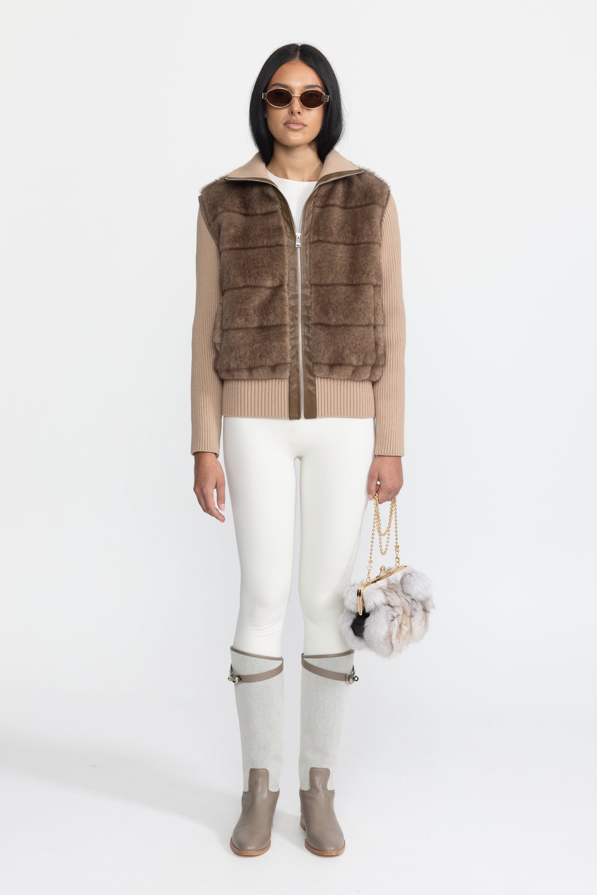 Plush Panel Knit Sleeve Zip Jacket - Mocha