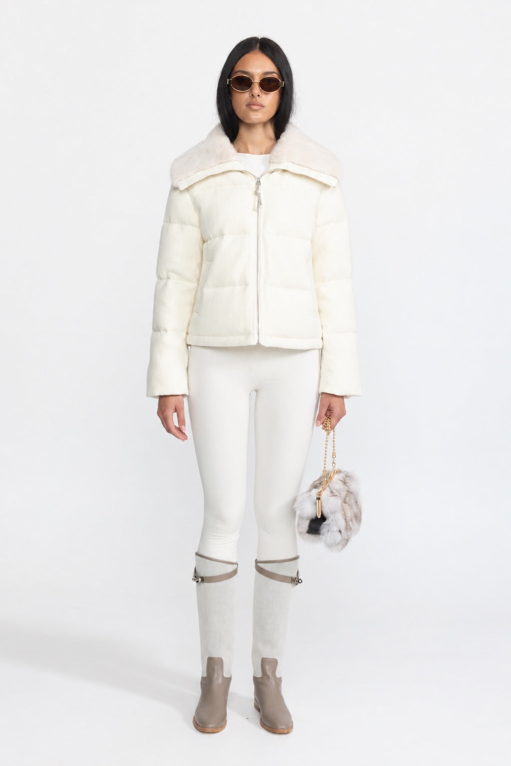 Ribbed Cashmere Down Puffer Jacket with Mink Fur Collar - Ivoire