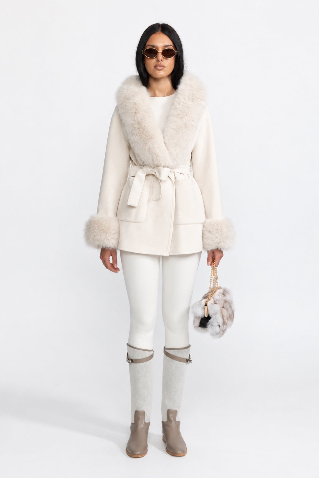 Hooded Belted Cashmere-Blend Coat with Fur Trim - Ivoire