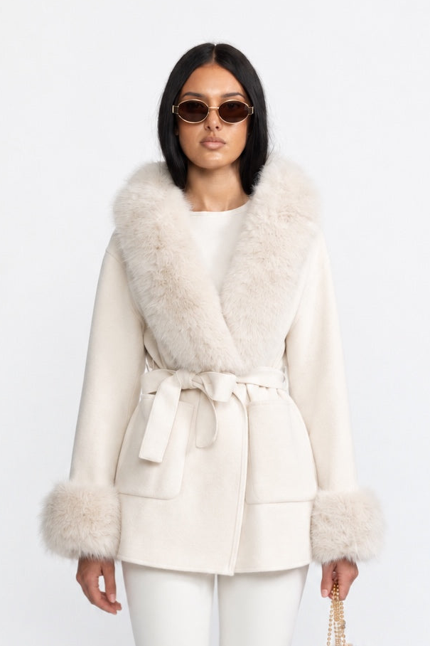 Hooded Belted Cashmere-Blend Coat with Fur Trim - Ivoire