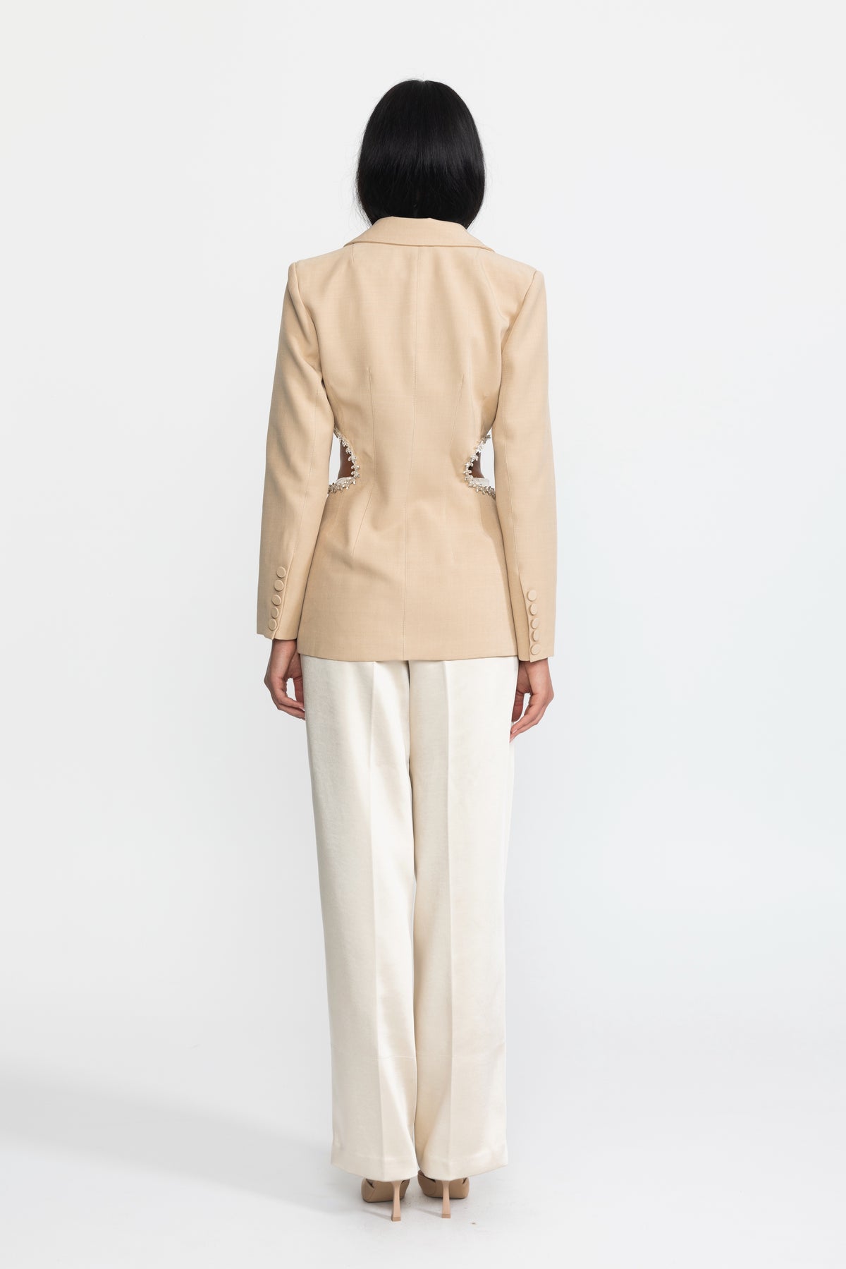Crystal Trim Cutout Waist Tailored Blazer - Beige