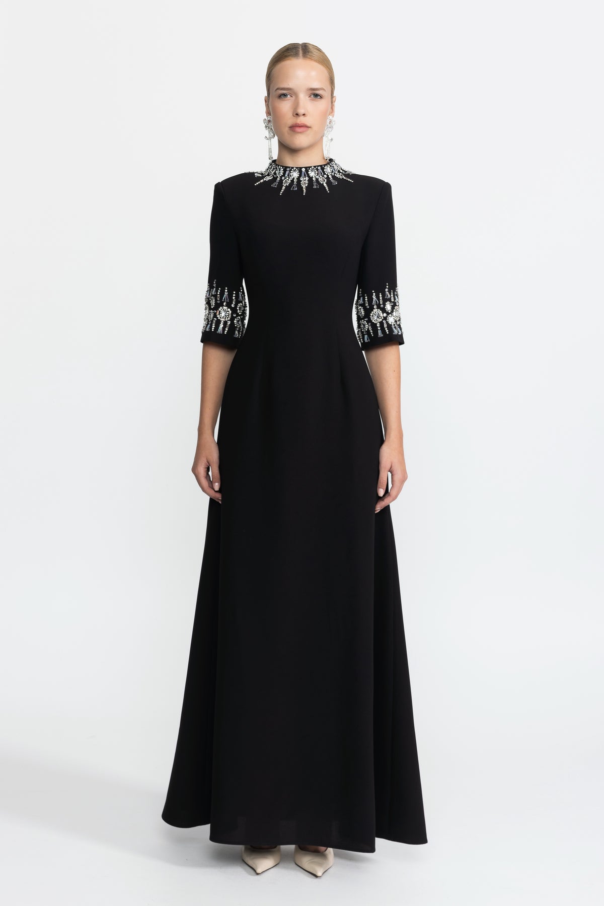 Crystal Embellished Collar and Cuff Maxi Dress - Black