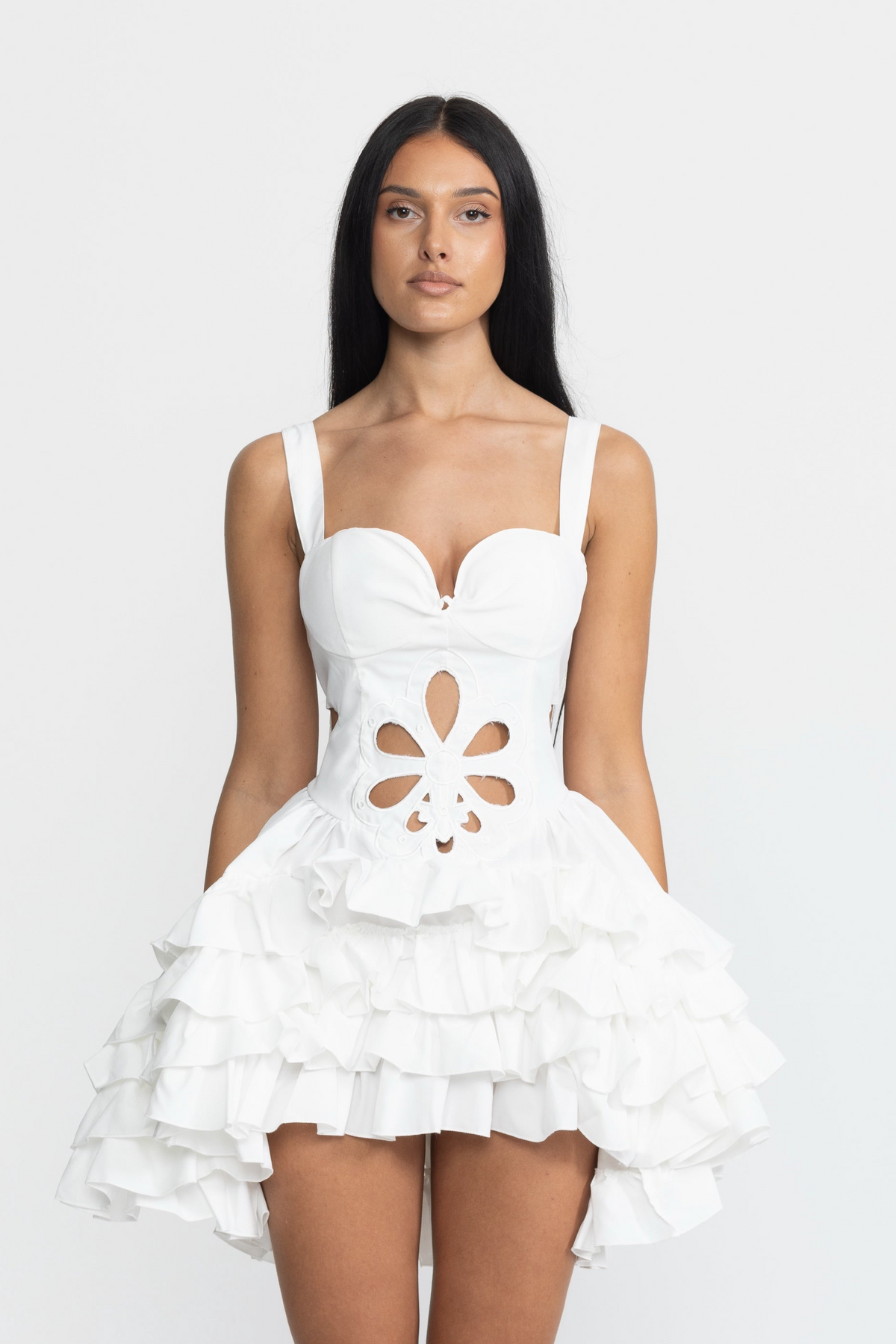 Embroidered Flower Cutout Ruffle Mini Dress - White