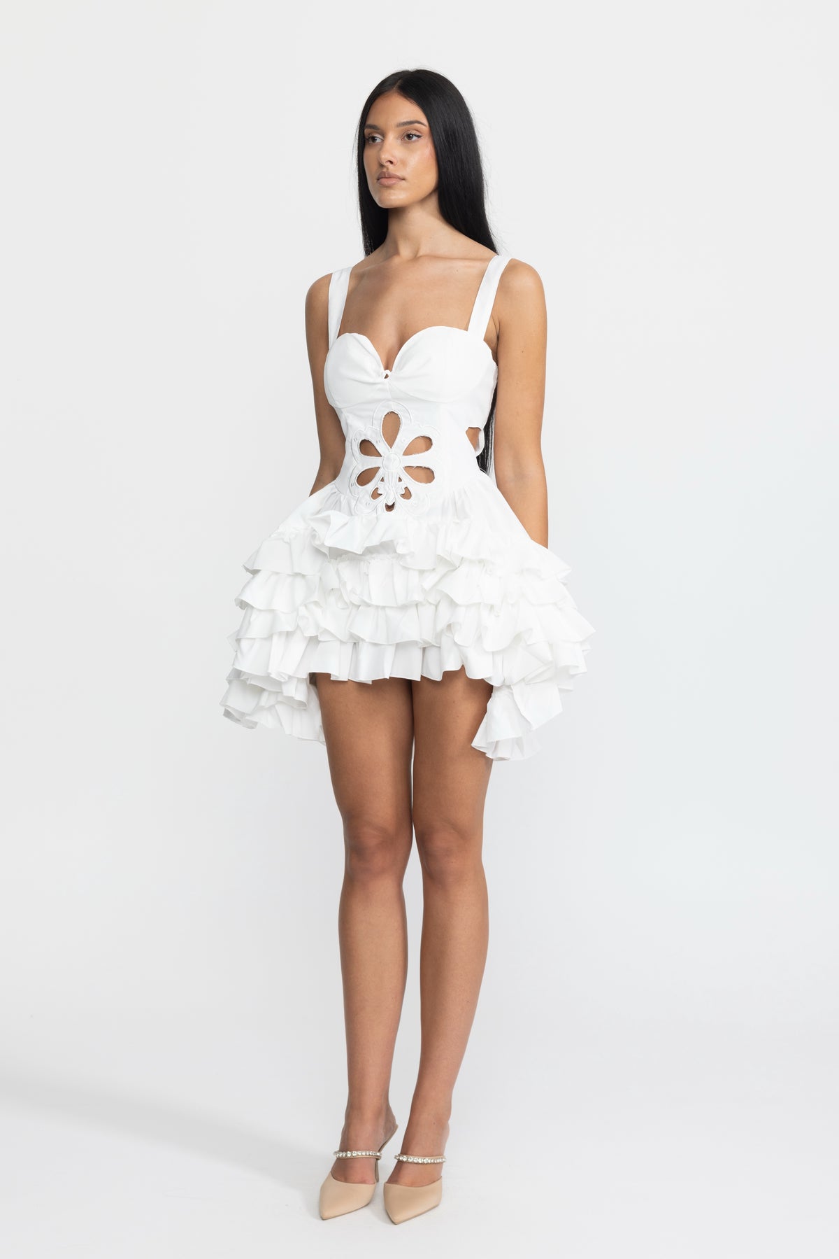 Embroidered Flower Cutout Ruffle Mini Dress - White