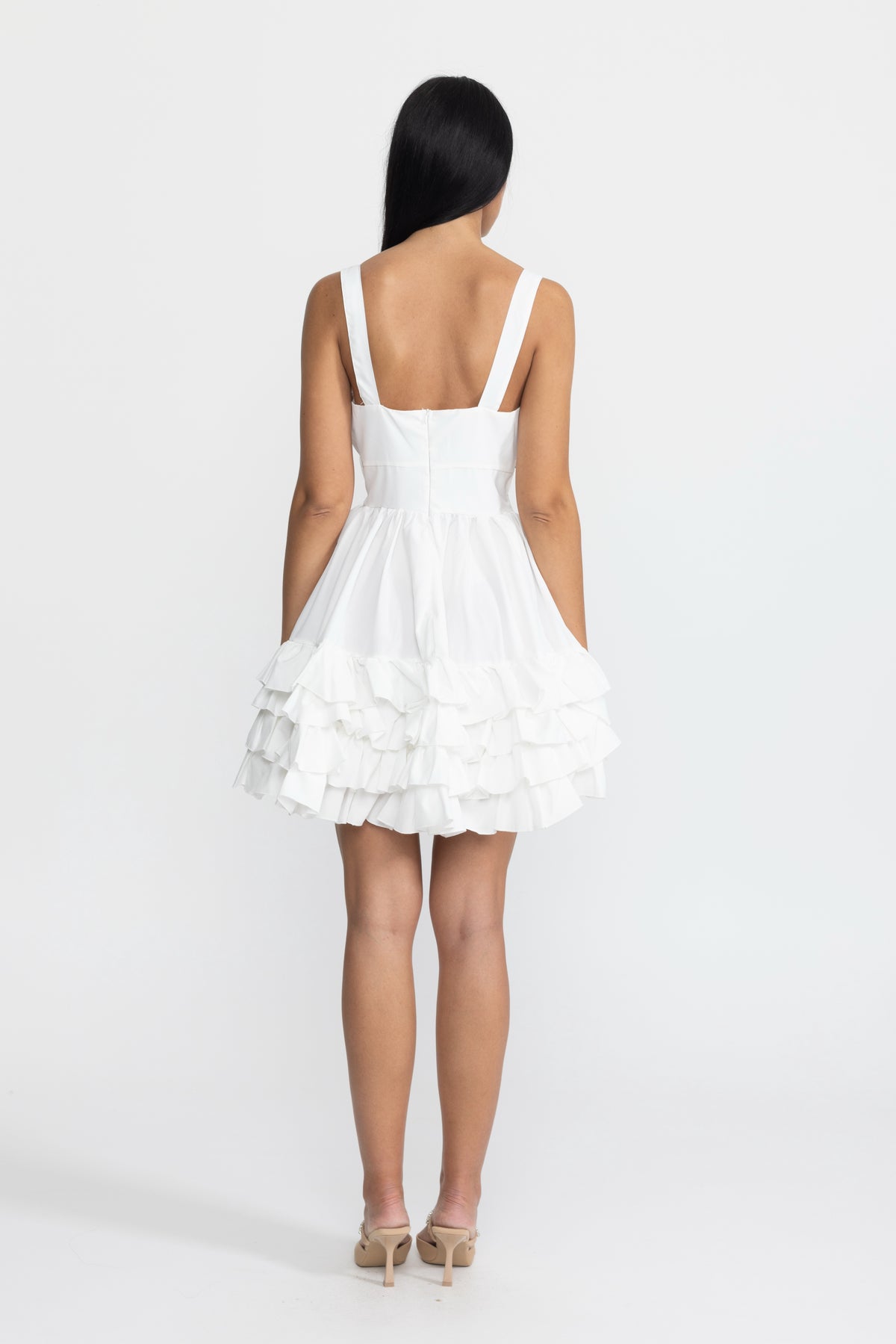 Embroidered Flower Cutout Ruffle Mini Dress - White