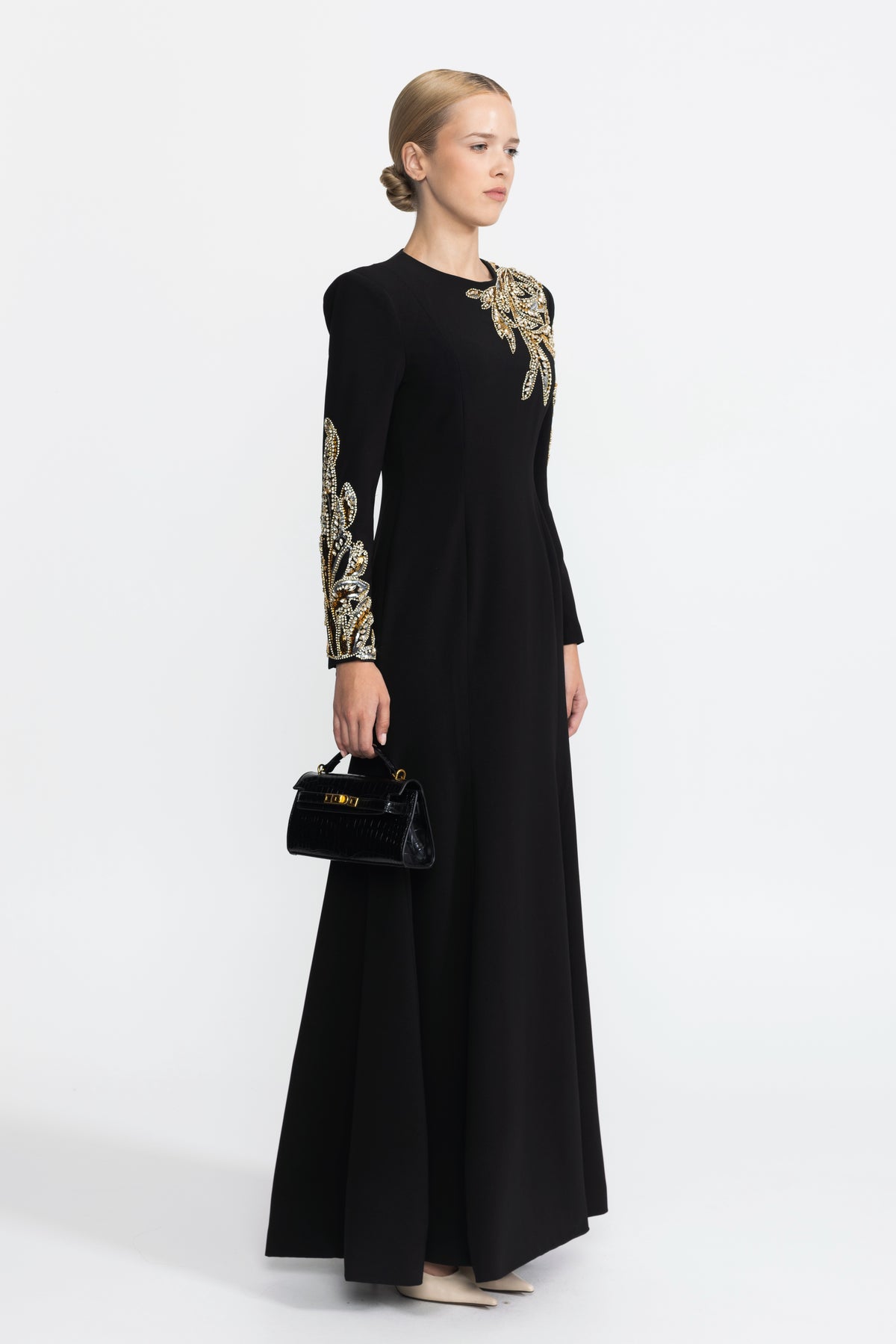 Crystal Leaf Embellished Long Sleeve Maxi Dress - Black