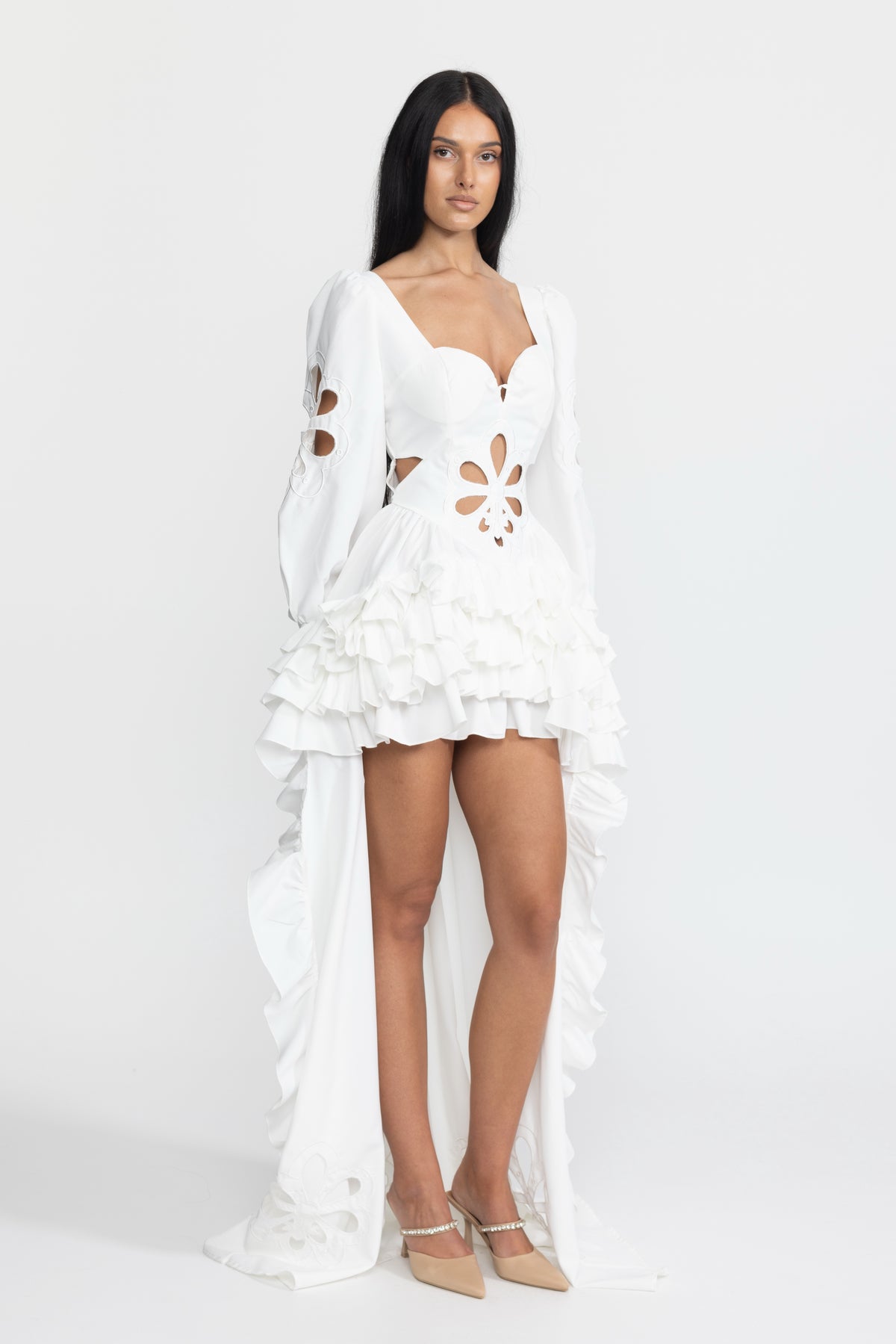 Embroidered Cutout Puff Sleeve High-Low Ruffle Gown - White