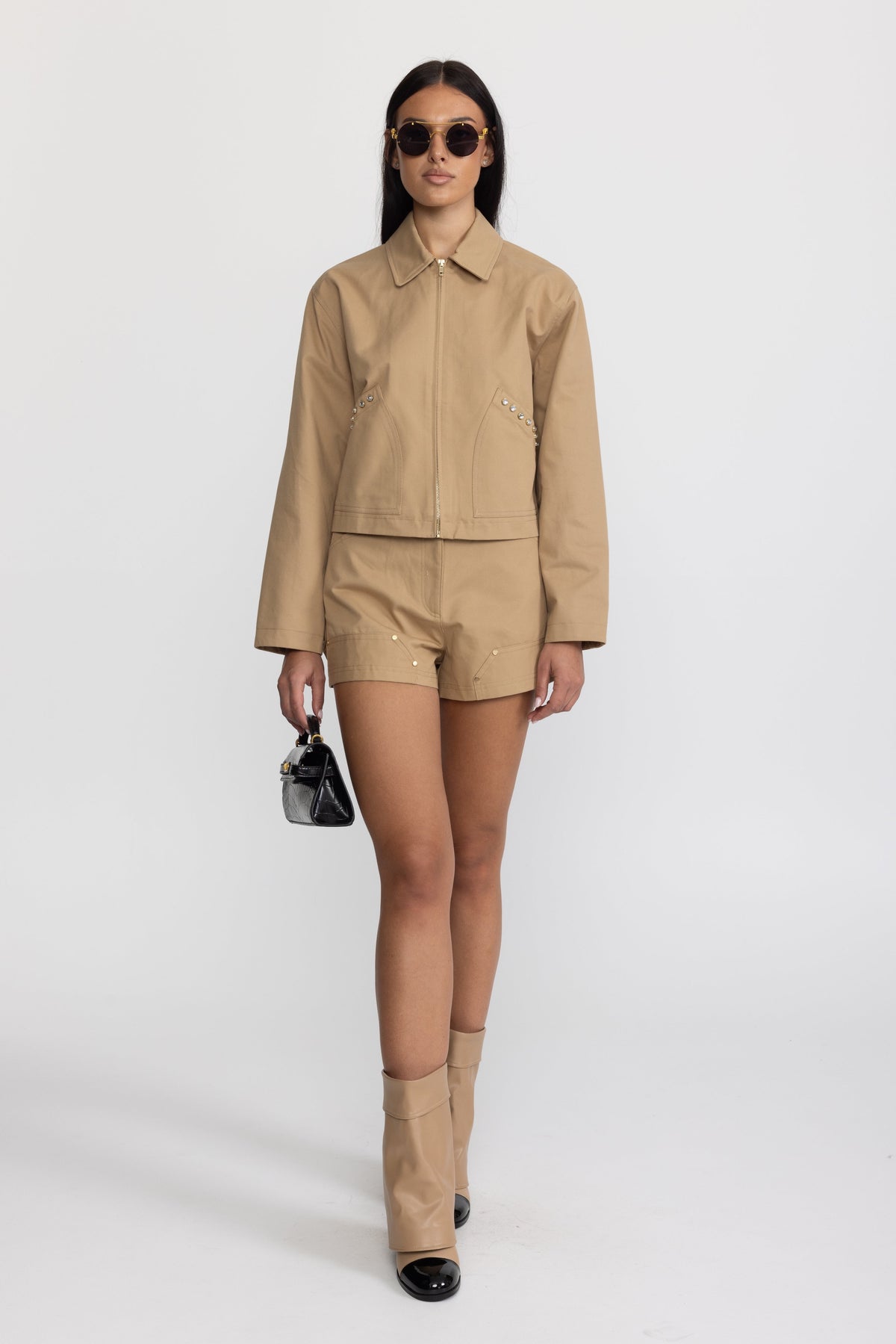 Crystal Stud Cropped Canvas Zip Jacket - Khaki