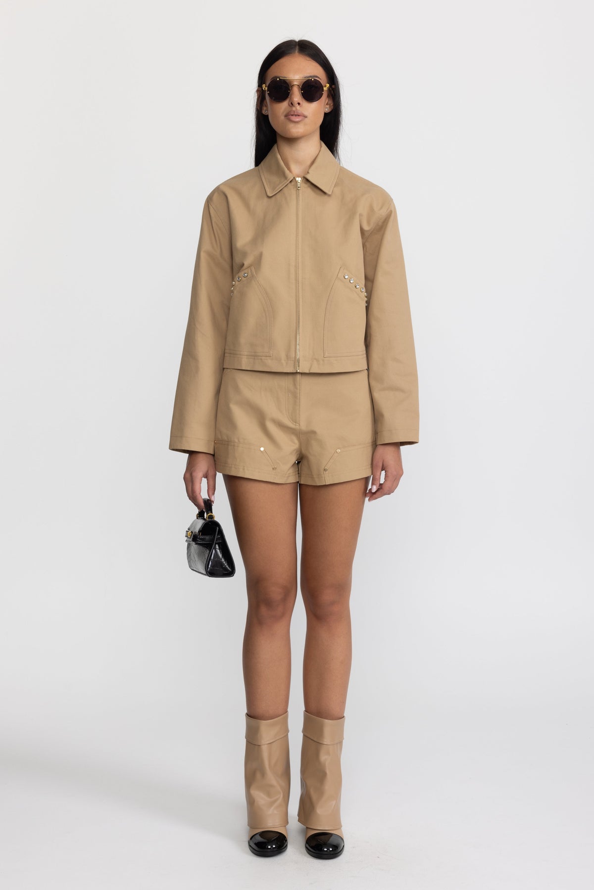 Crystal Stud Cropped Canvas Zip Jacket - Khaki